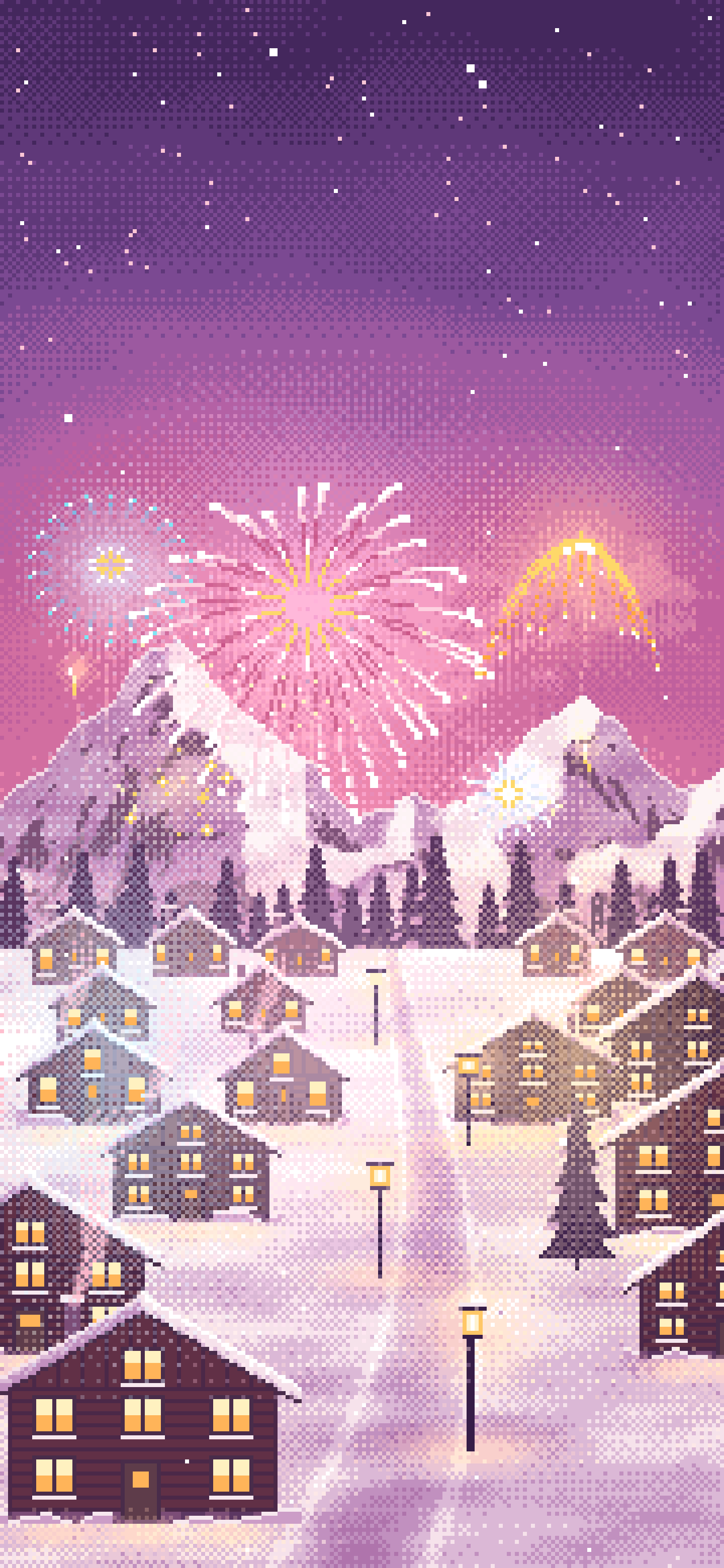 Pink Pixel Art New Year Fireworks Over a Snowy Village wallpaper for iPhone and Android