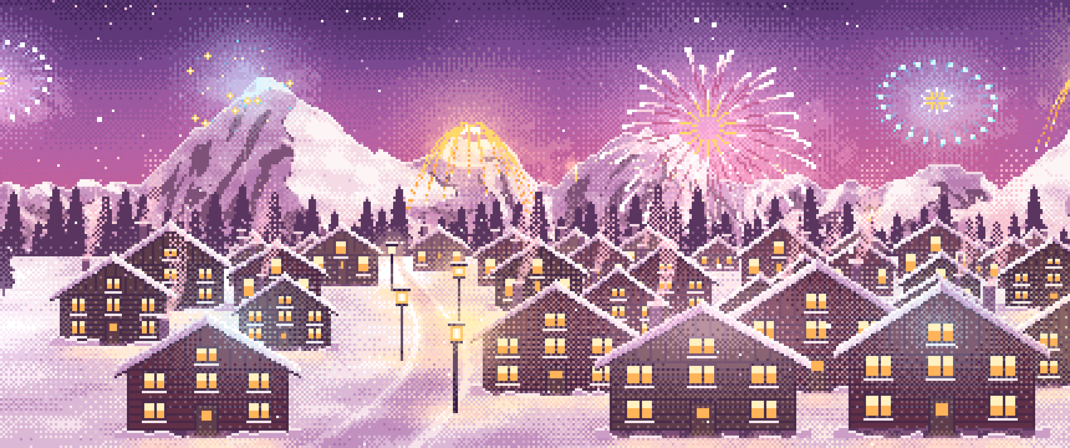 Pink Pixel Art New Year Fireworks Over a Snowy Village ultrawide wallpaper, 3440 × 1440