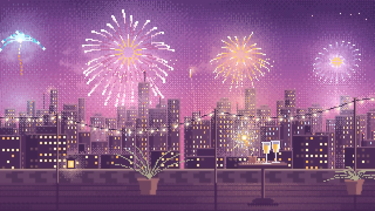 Pink Pixel Art New Year Rooftop Fireworks desktop wallpaper in 4K