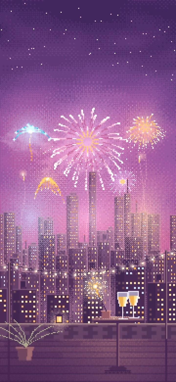 Pink Pixel Art New Year Rooftop Fireworks wallpaper for iPhone and Android