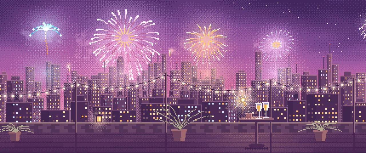 Pink Pixel Art New Year Rooftop Fireworks ultrawide wallpaper, 3440 × 1440