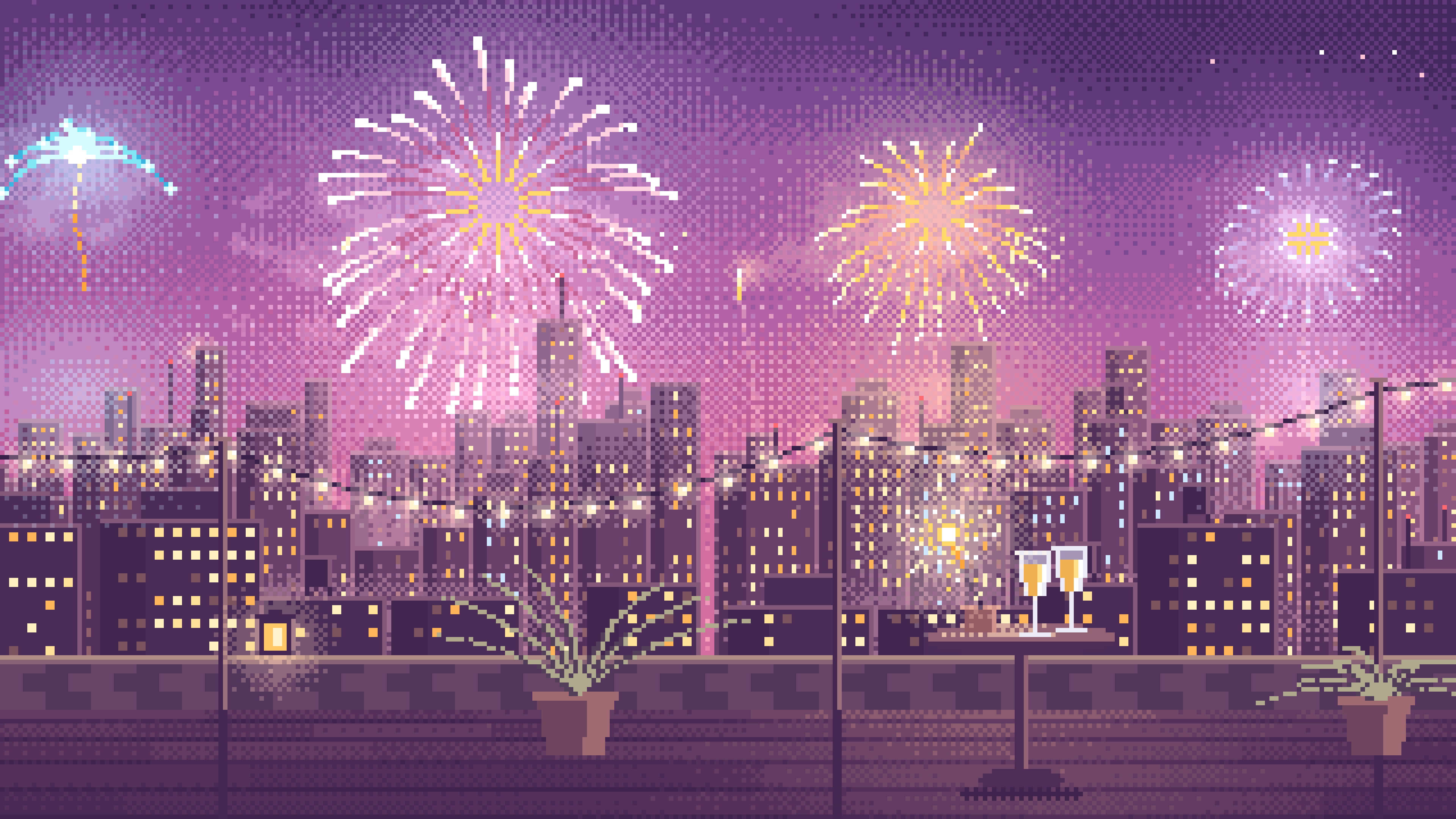 Pink Pixel Art New Year Rooftop Fireworks desktop wallpaper in 4K
