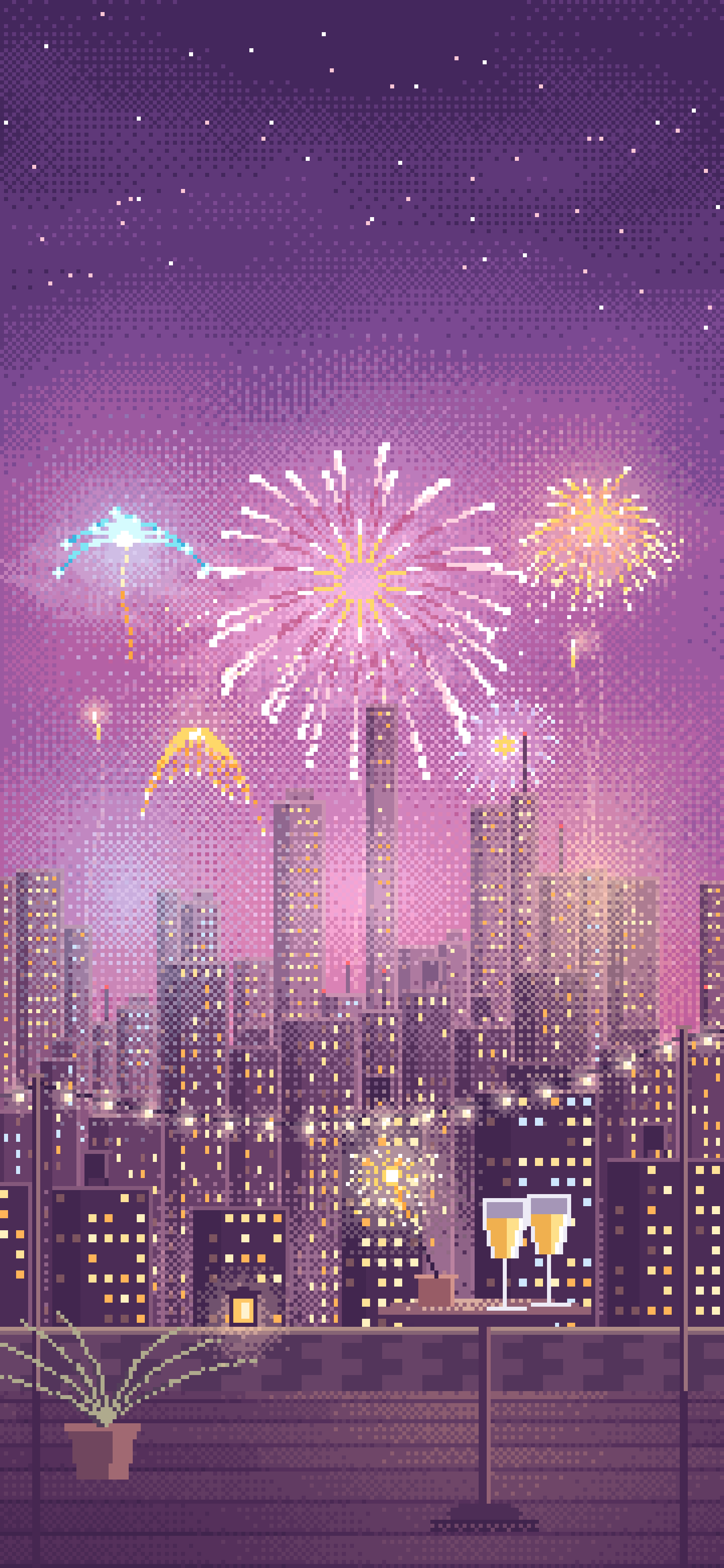 Pink Pixel Art New Year Rooftop Fireworks wallpaper for iPhone and Android