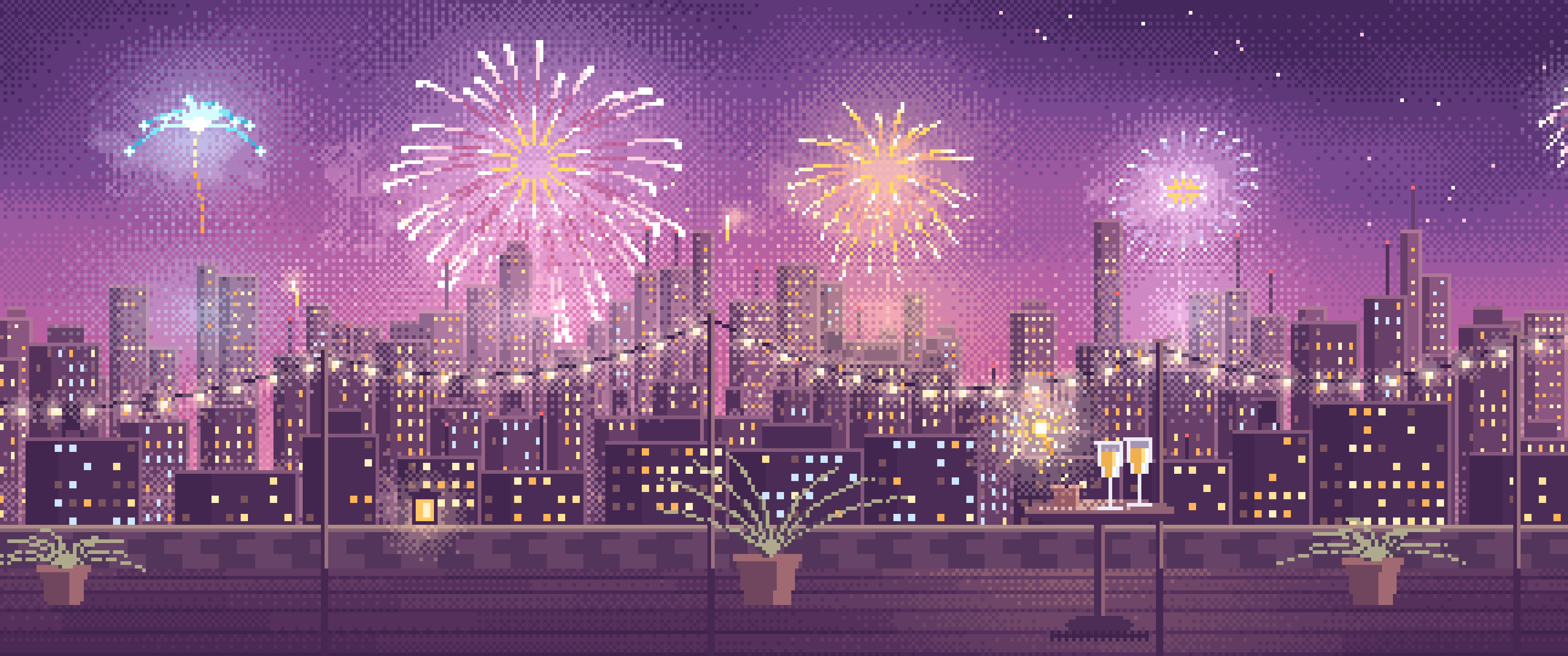 Pink Pixel Art New Year Rooftop Fireworks ultrawide wallpaper, 3440 × 1440