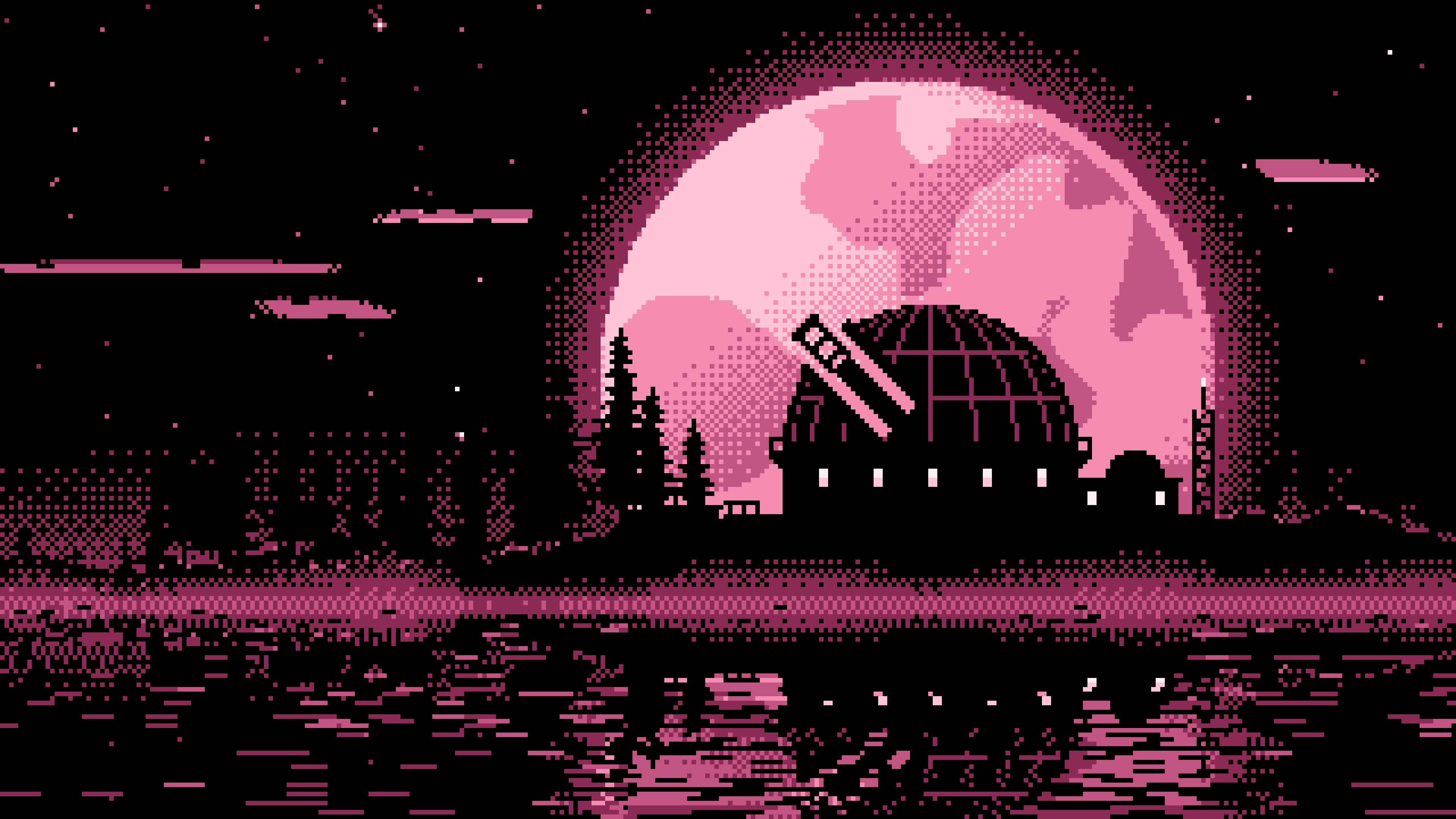 Pink Pixel Art Observatory and Full Moon desktop wallpaper in 4K