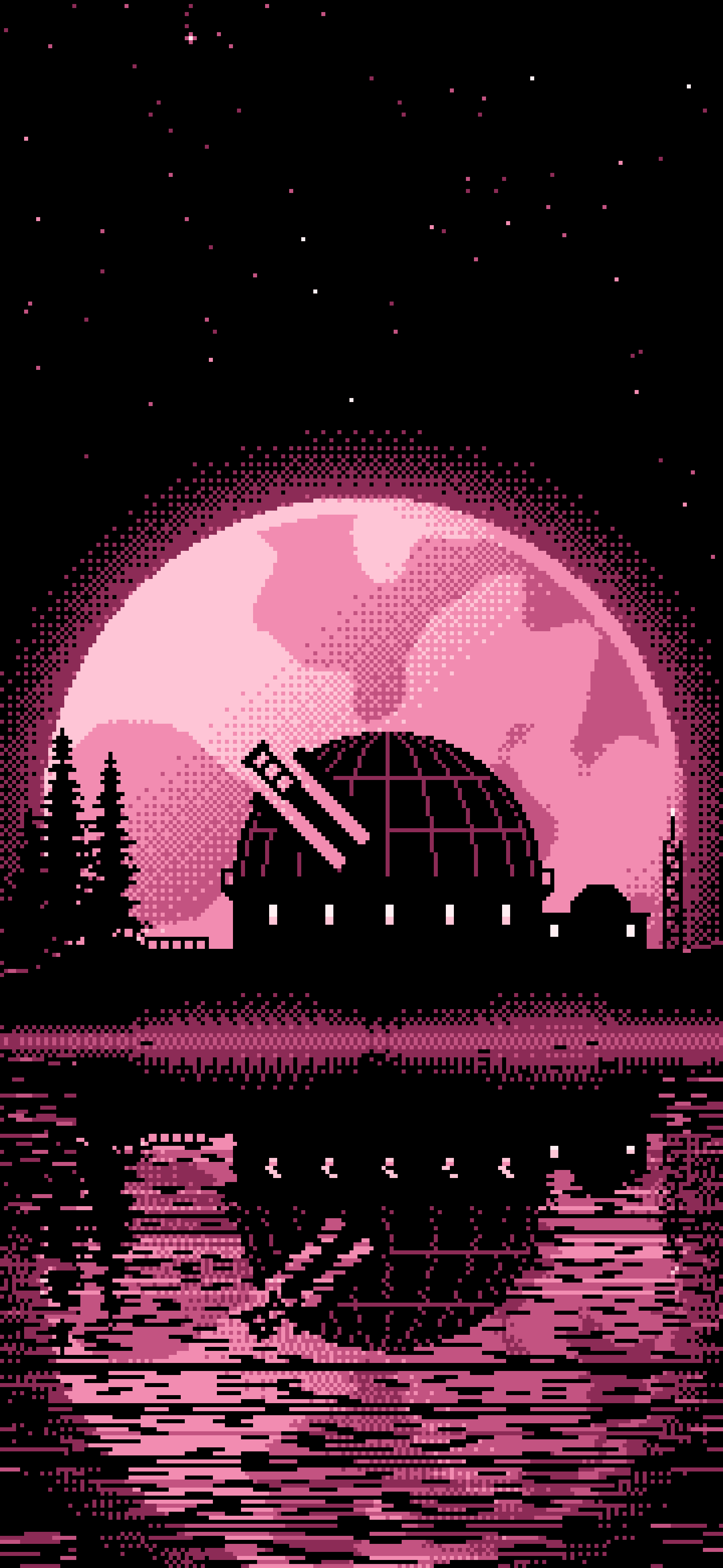 Pink Pixel Art Observatory and Full Moon wallpaper for iPhone and Android