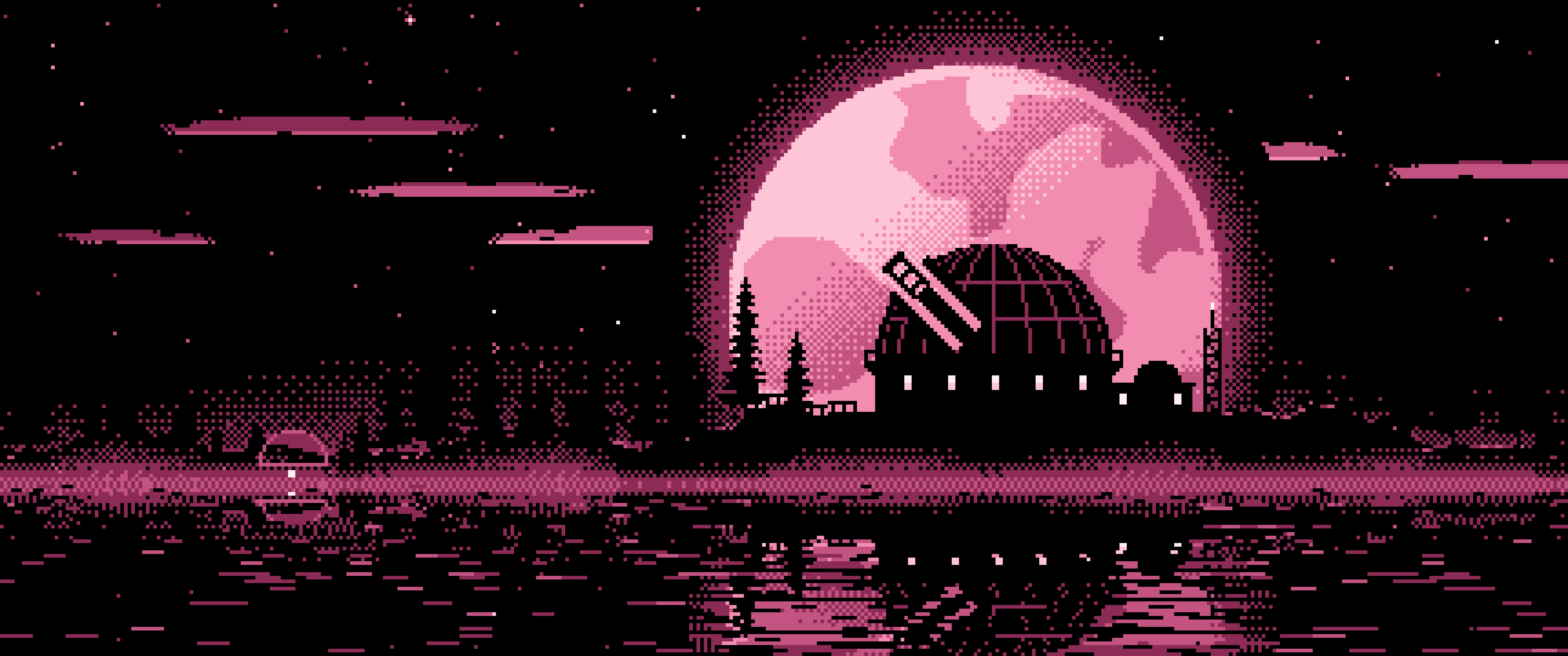 Pink Pixel Art Observatory and Full Moon ultrawide wallpaper, 3440 × 1440