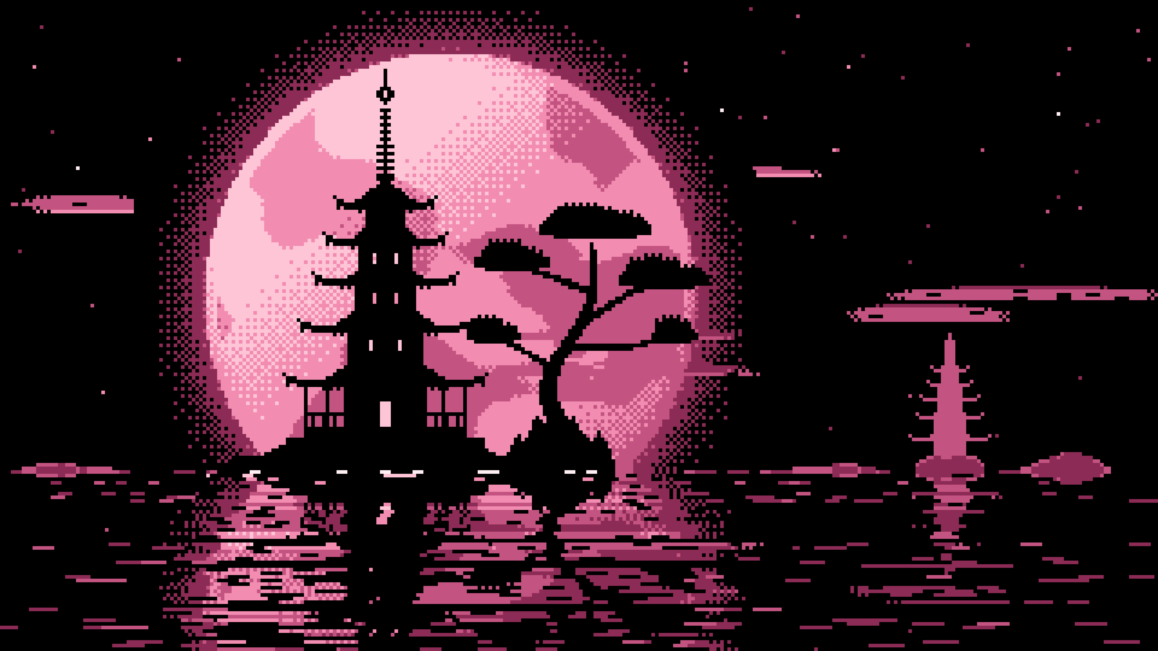 Pink Pixel Art Pagoda and Full Moon desktop wallpaper in 4K