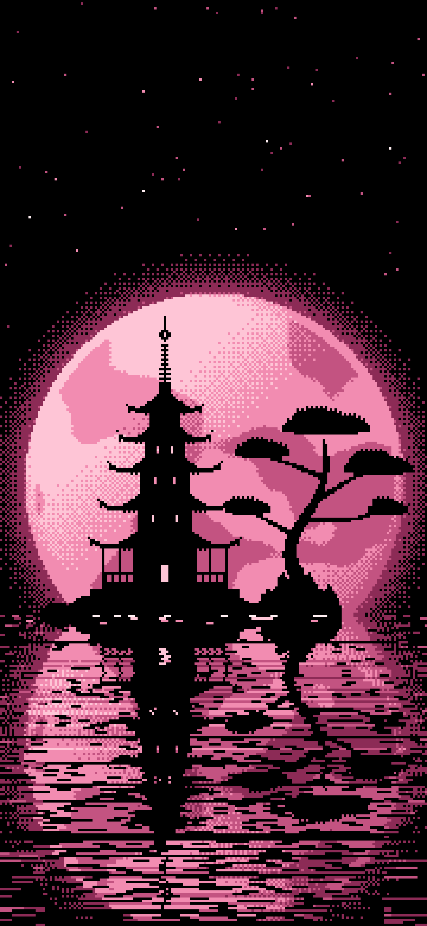 Pink Pixel Art Pagoda and Full Moon wallpaper for iPhone and Android