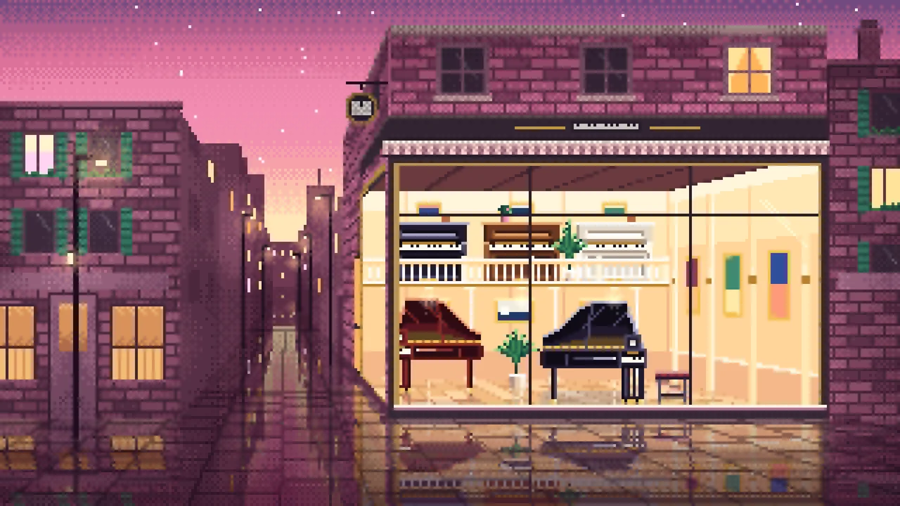 Pink Pixel Art Piano Shop desktop wallpaper in 4K