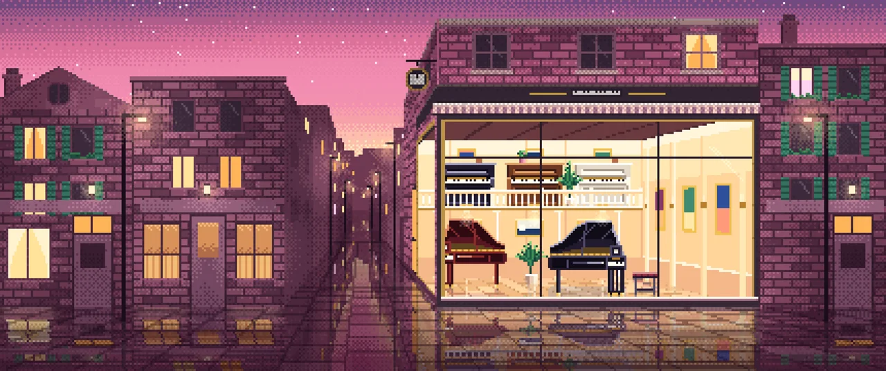Pink Pixel Art Piano Shop ultrawide wallpaper, 3440 × 1440