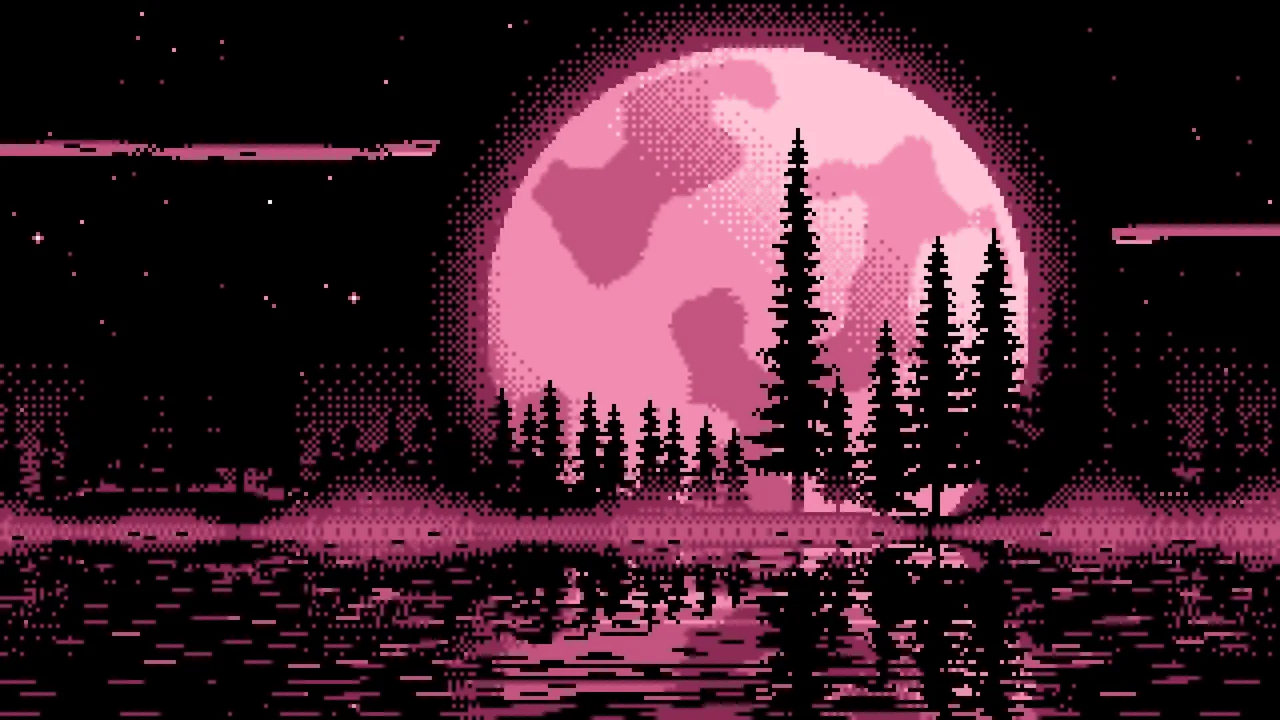 Pink Pixel Art Pine Trees and Full Moon desktop wallpaper in 4K