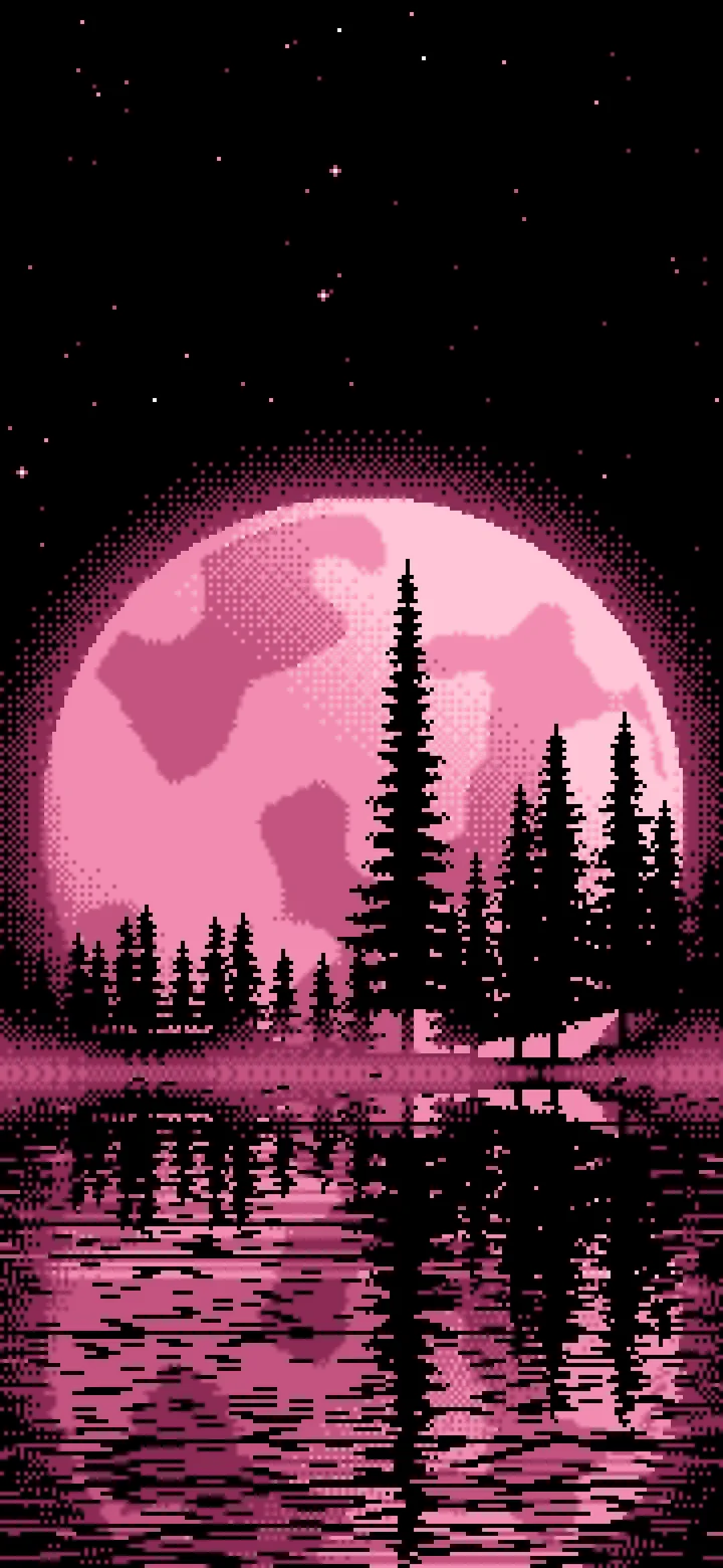 Pink Pixel Art Pine Trees and Full Moon wallpaper for iPhone and Android