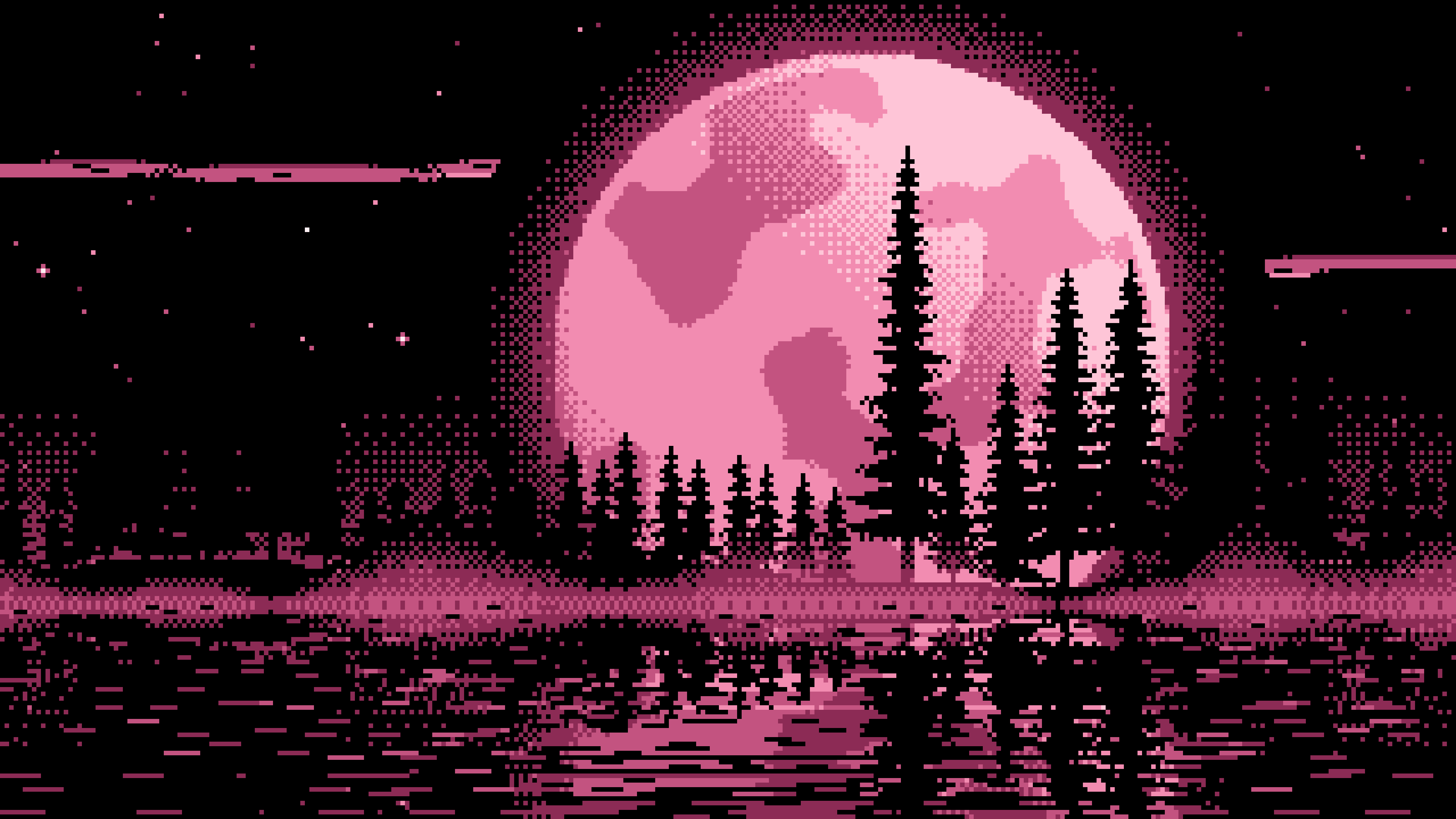 Pink Pixel Art Pine Trees and Full Moon desktop wallpaper in 4K