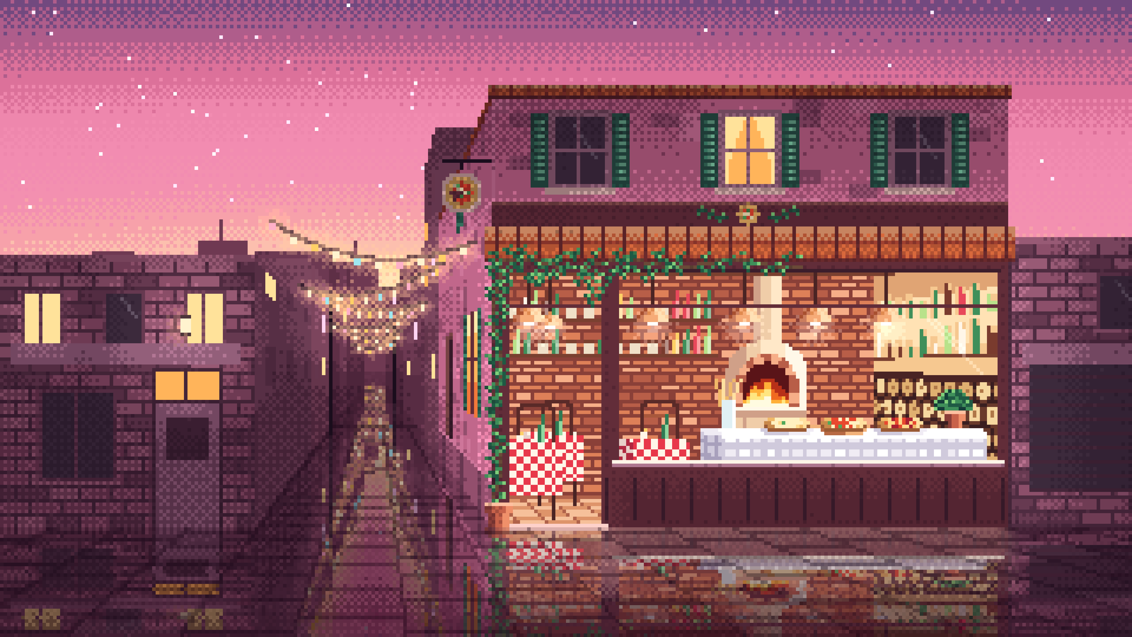 Pink Pixel Art Pizzeria desktop wallpaper in 4K