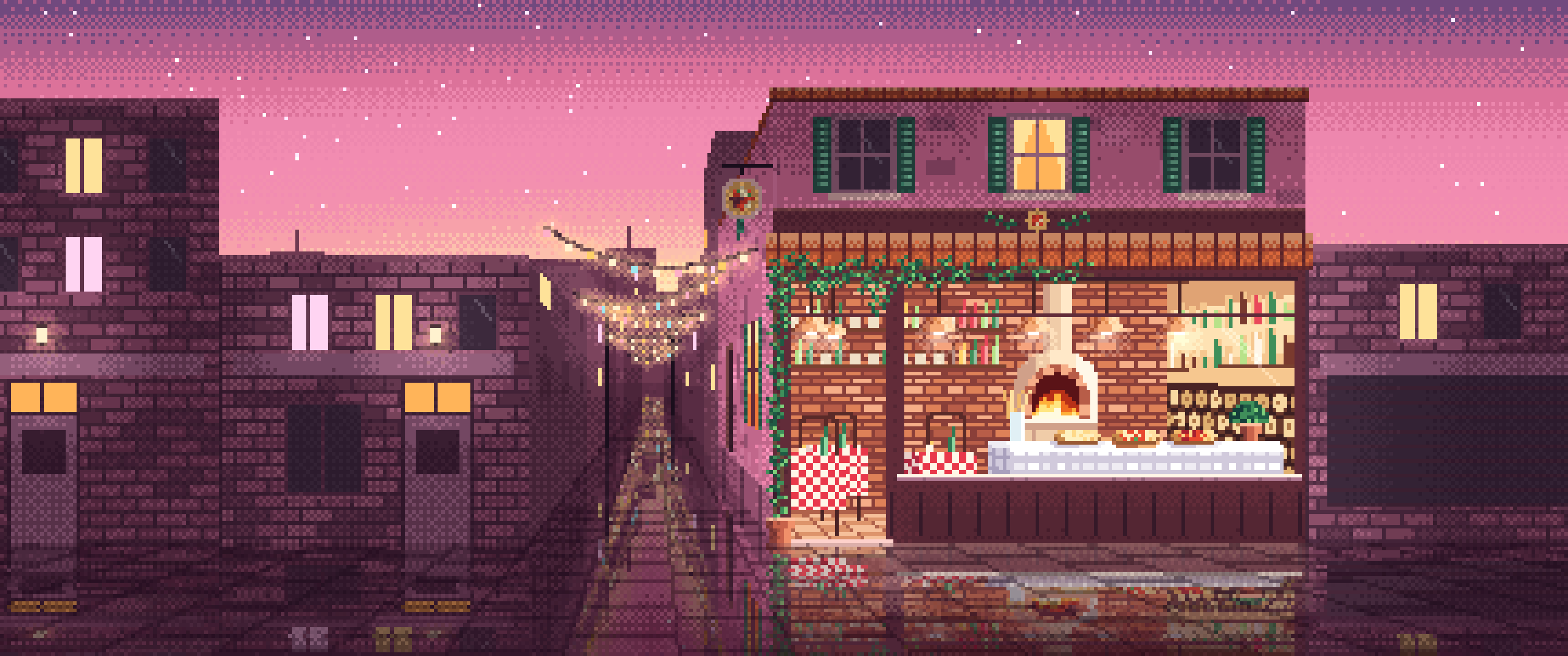 Pink Pixel Art Pizzeria ultrawide wallpaper, 3440 × 1440