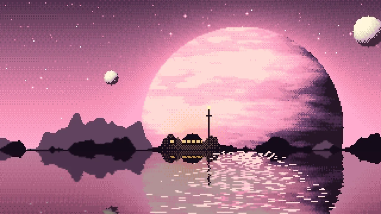 Pink Pixel Art Planet Rise desktop wallpaper in 4K