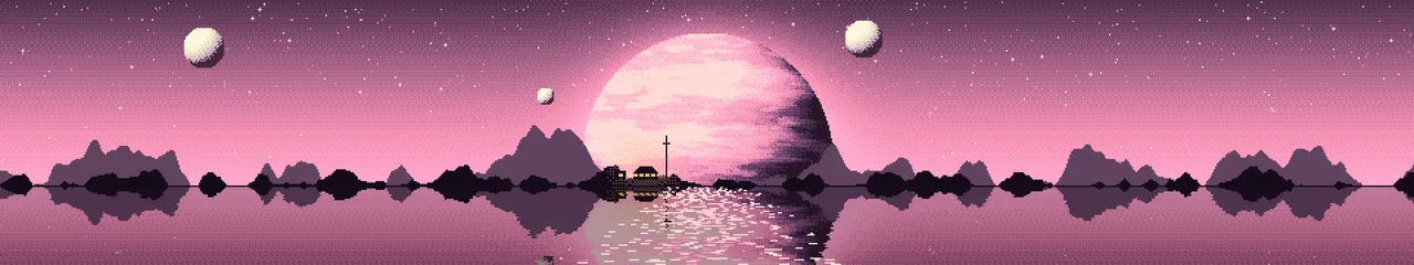 Pink Pixel Art Planet Rise triple monitor wallpaper, 7680 × 1440