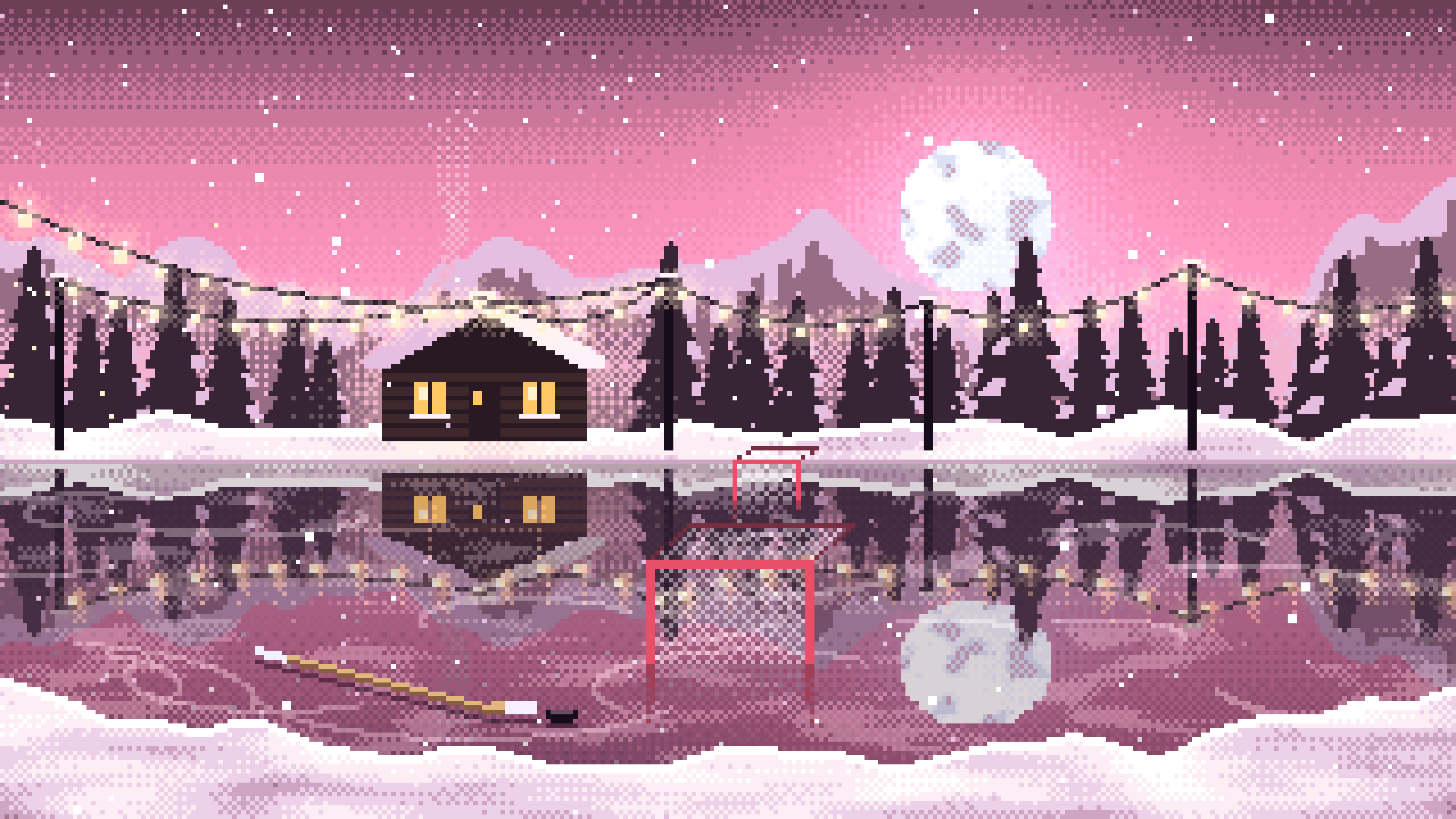 Pink Pixel Art Pond Hockey Rink desktop wallpaper in 4K