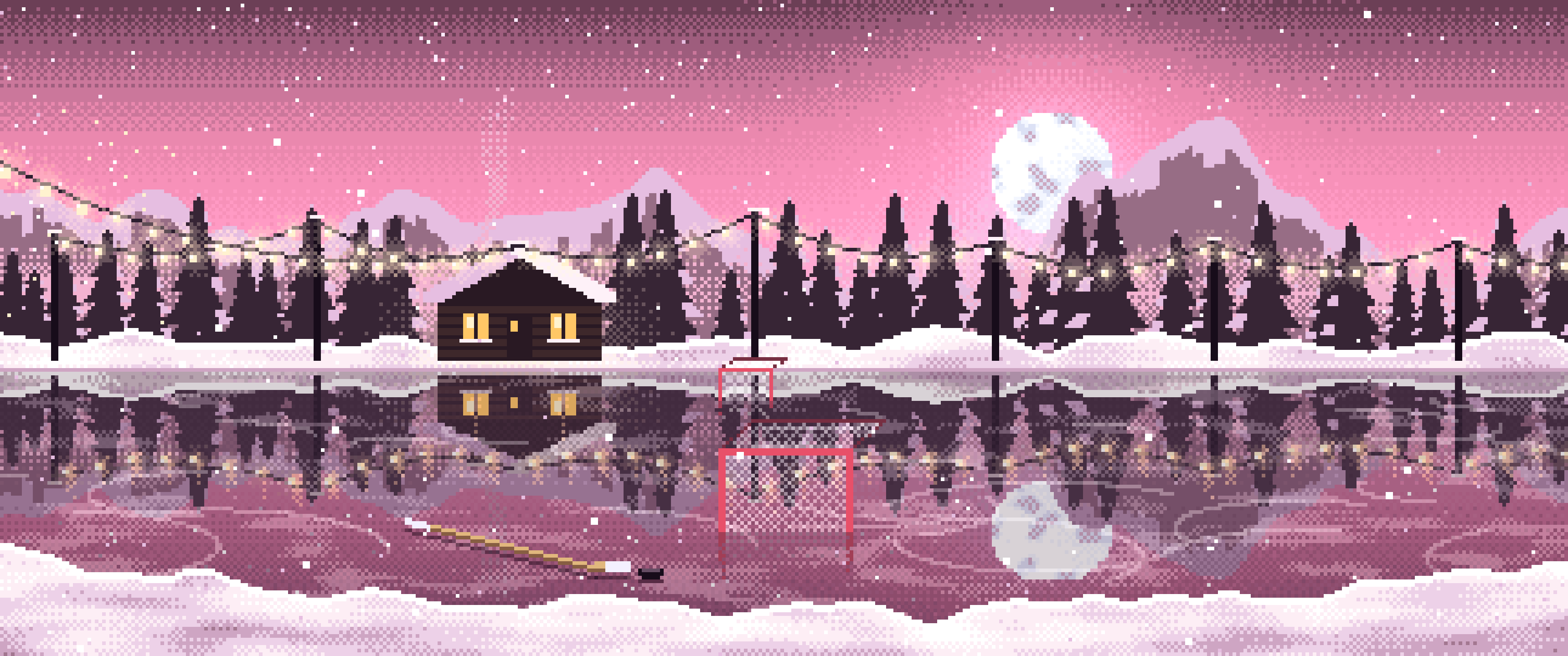 Pink Pixel Art Pond Hockey Rink ultrawide wallpaper, 3440 × 1440