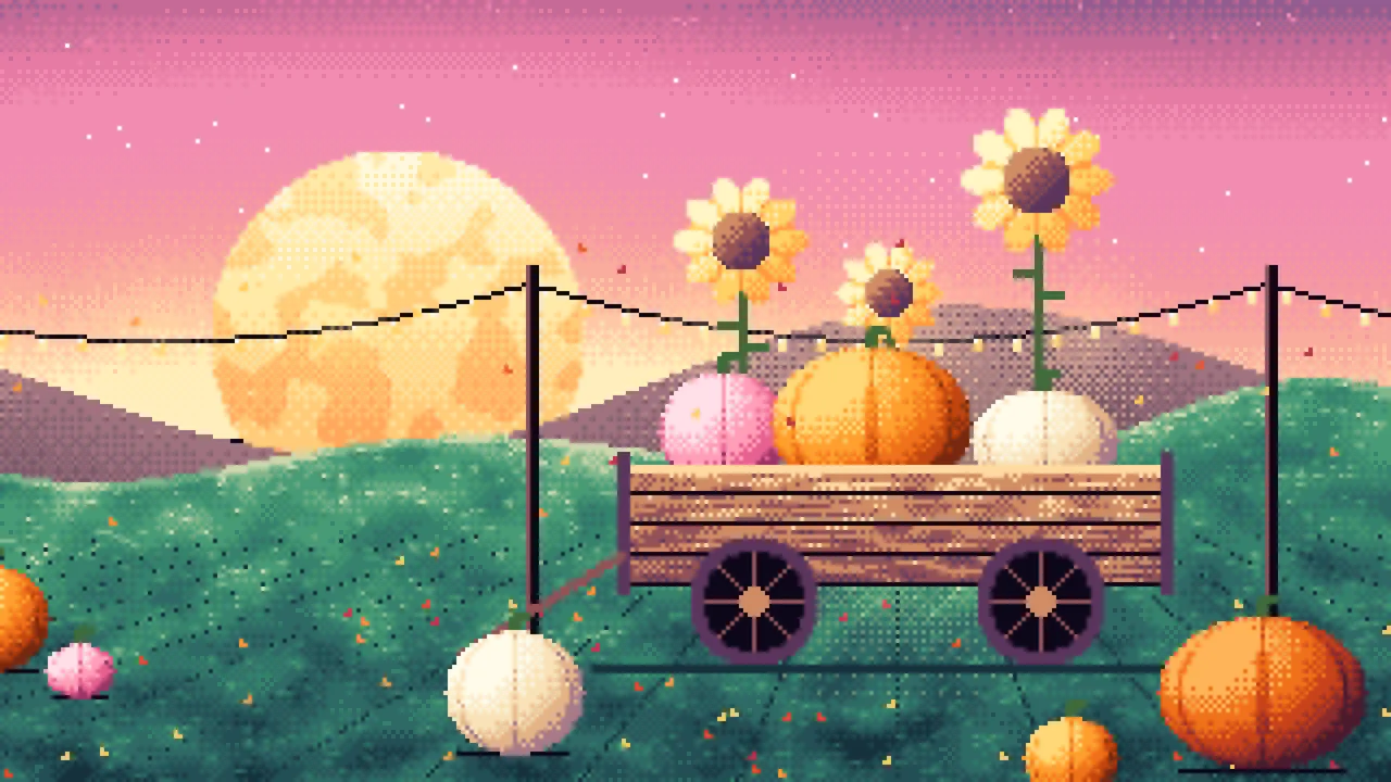 Pink Pixel Art Pumpkin Cart desktop wallpaper in 4K
