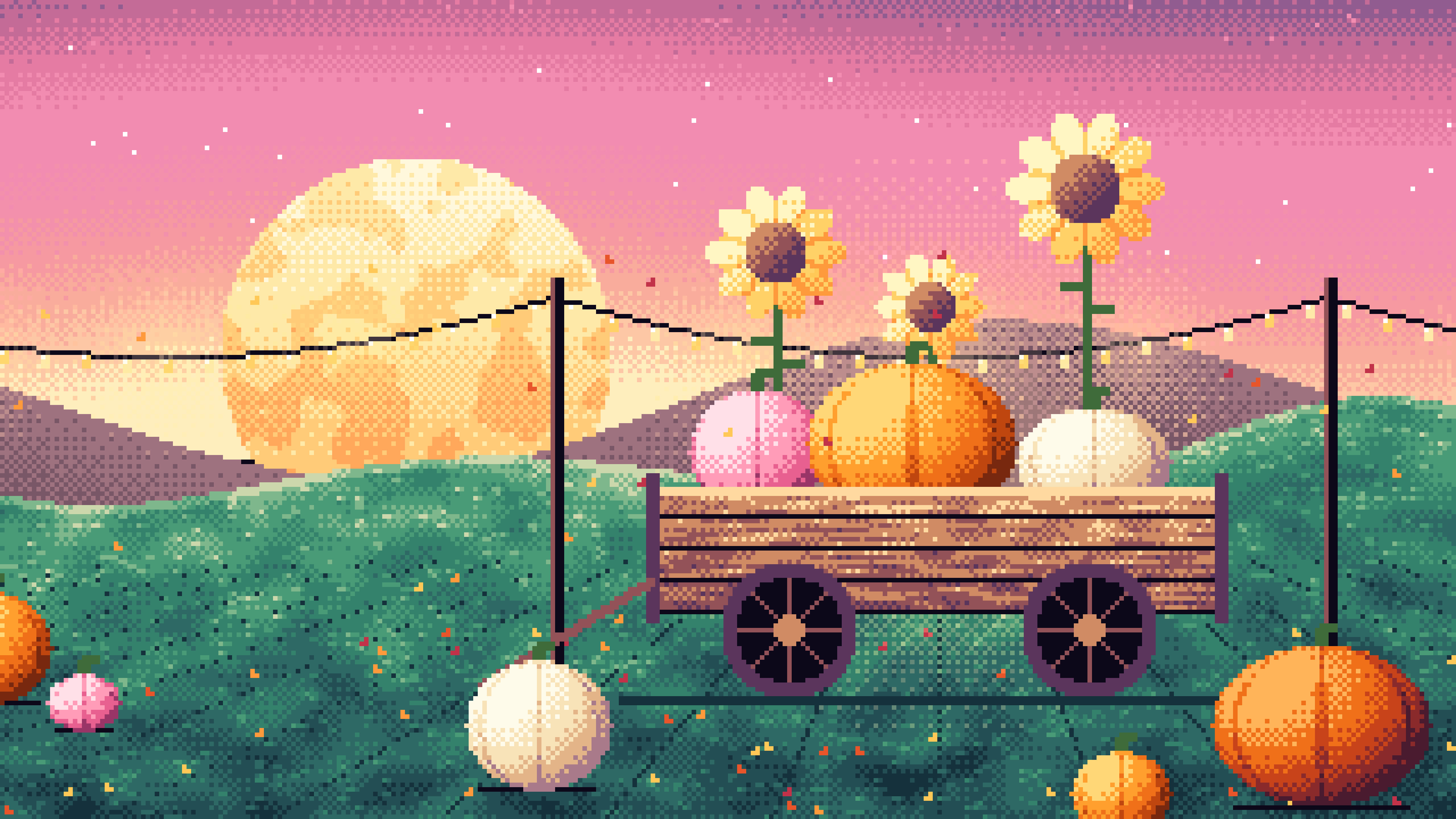 Pink Pixel Art Pumpkin Cart desktop wallpaper in 4K