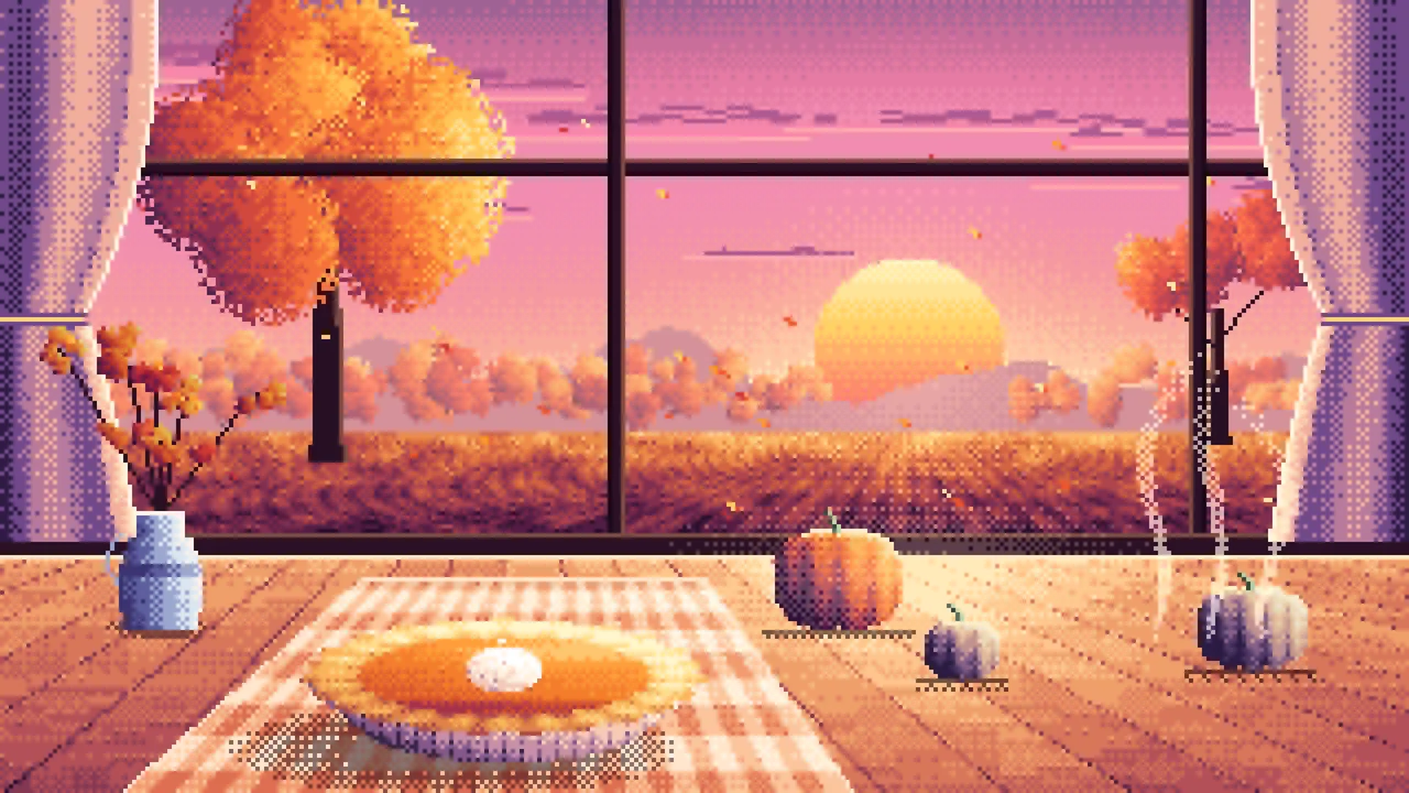 Pink Pixel Art Pumpkin Pie on a Windowsill at Sunset desktop wallpaper in 4K