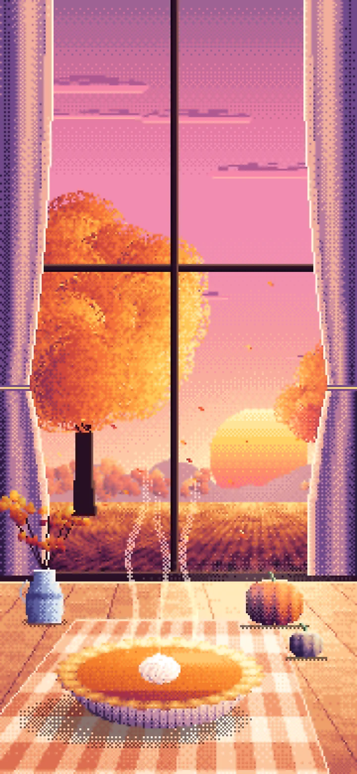 Pink Pixel Art Pumpkin Pie on a Windowsill at Sunset wallpaper for iPhone and Android