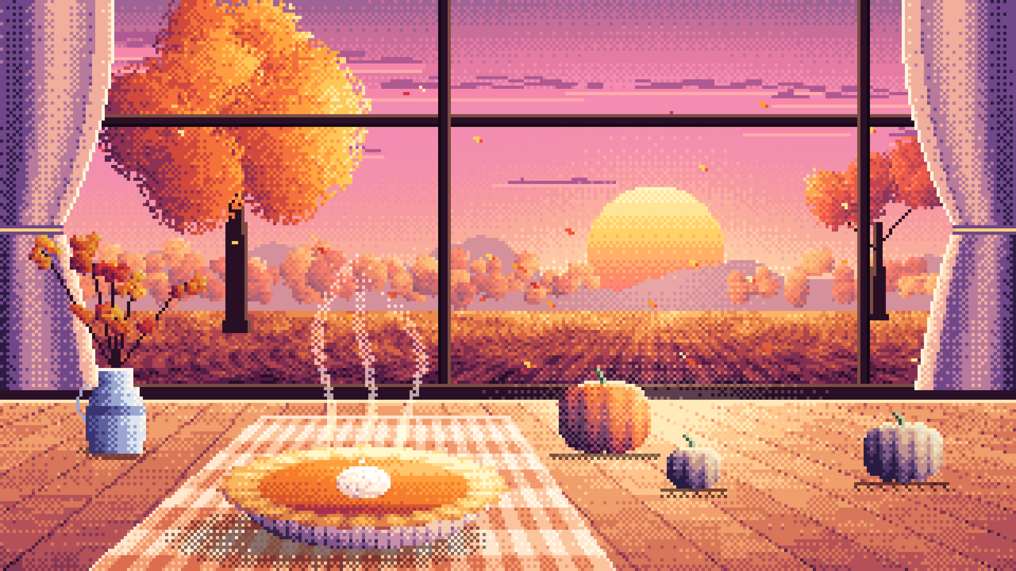 Pink Pixel Art Pumpkin Pie on a Windowsill at Sunset desktop wallpaper in 4K