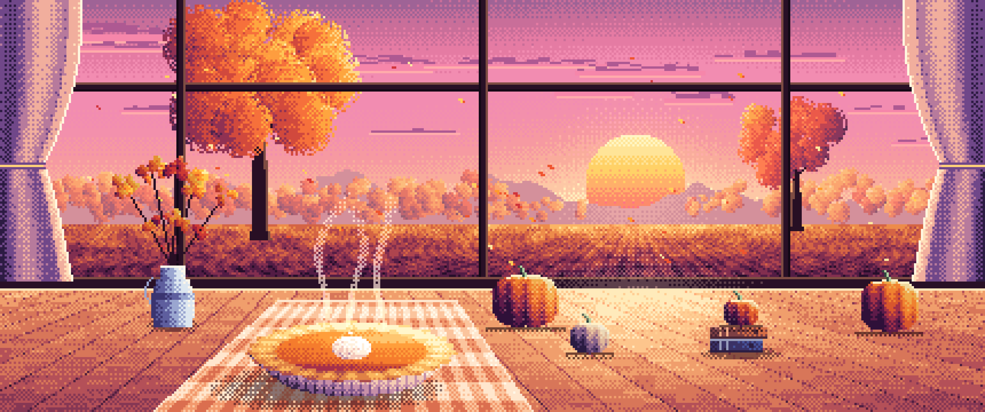 Pink Pixel Art Pumpkin Pie on a Windowsill at Sunset ultrawide wallpaper, 3440 × 1440
