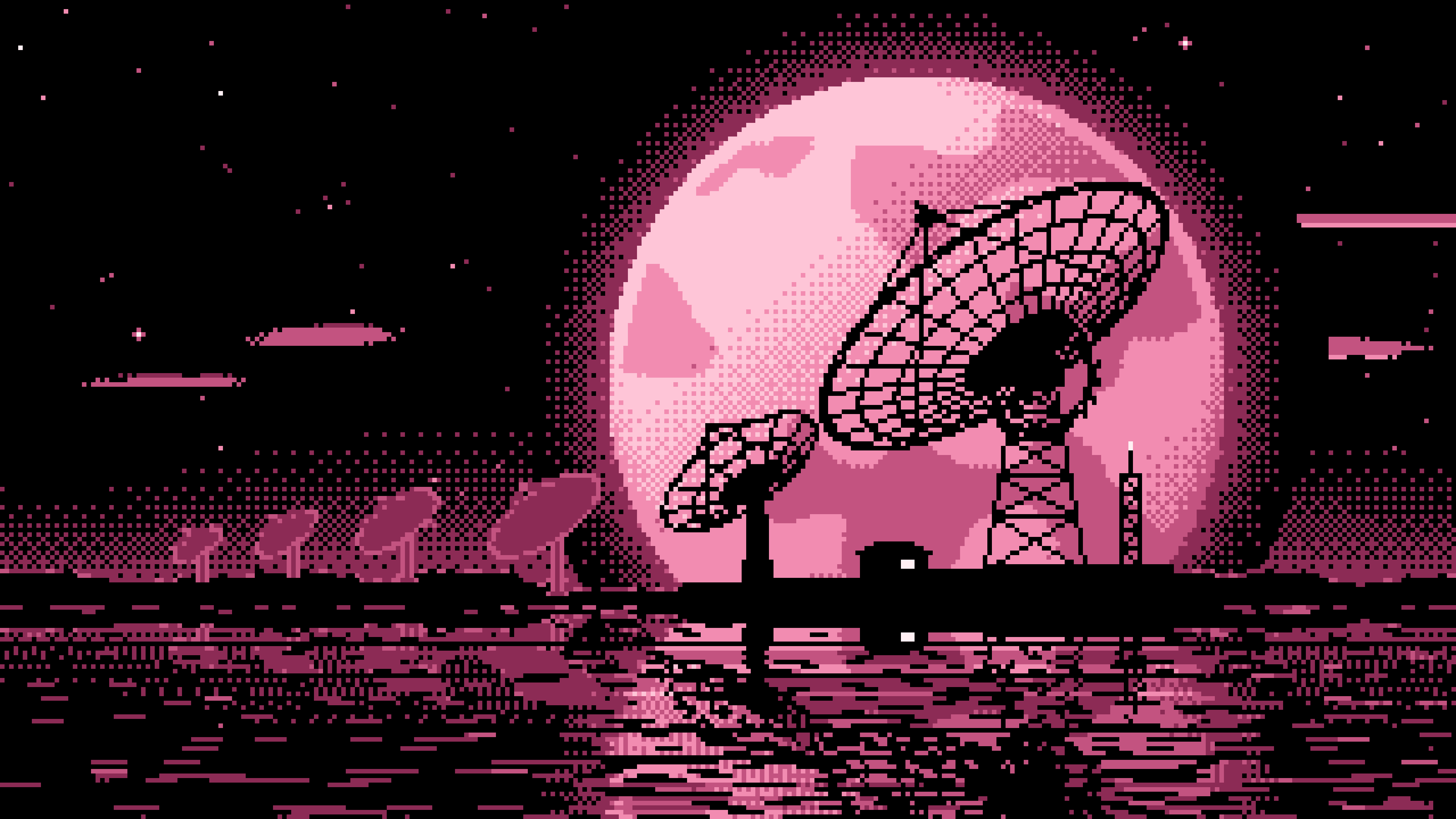 Pink Pixel Art Radio Telescope and Full Moon desktop wallpaper in 4K