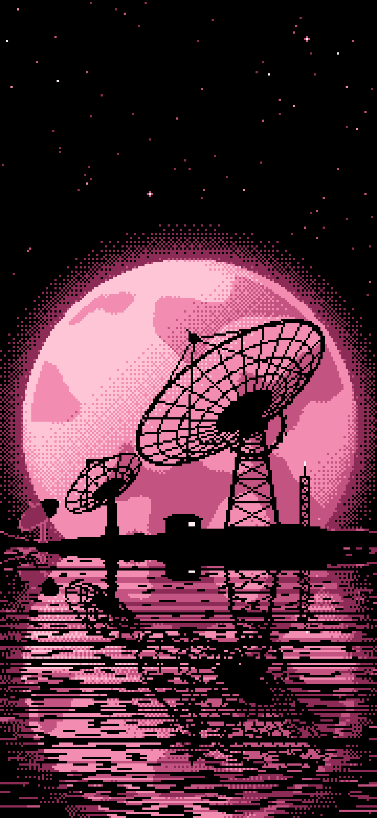 Pink Pixel Art Radio Telescope and Full Moon wallpaper for iPhone and Android