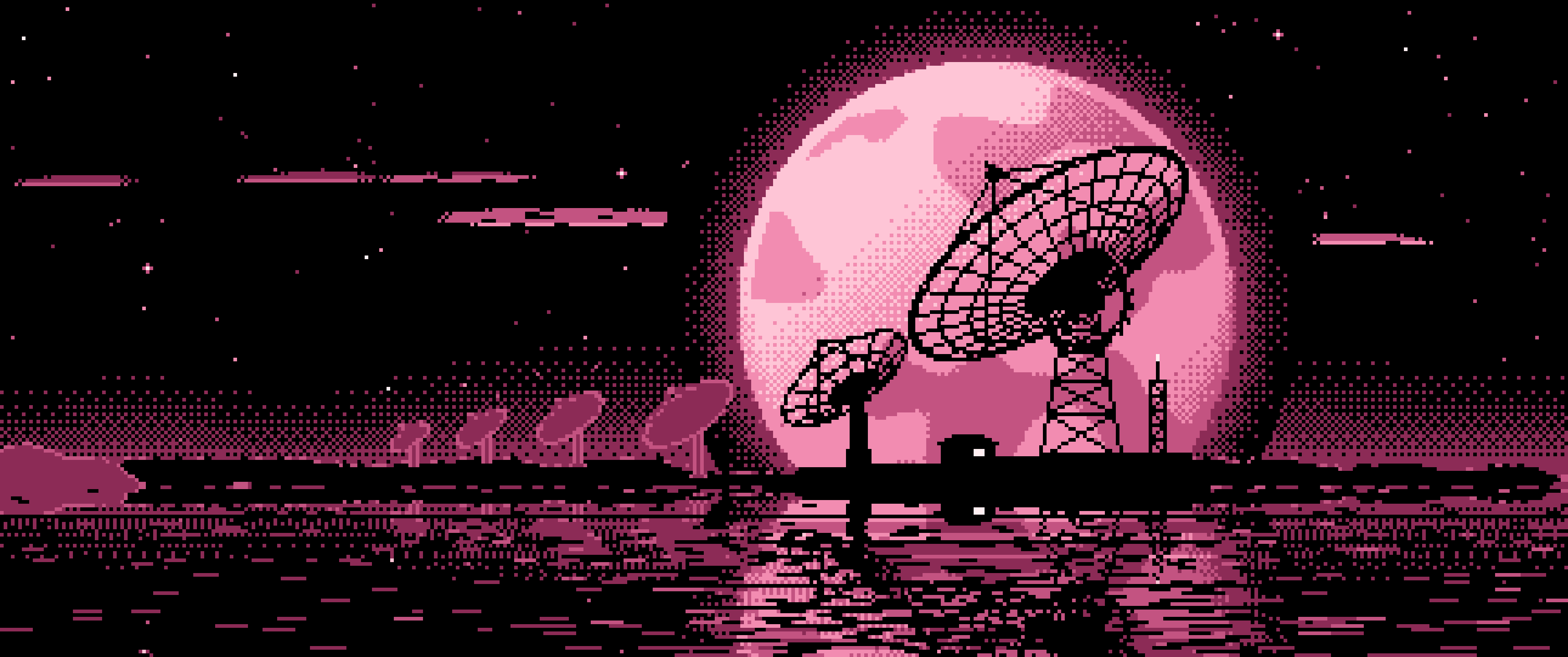 Pink Pixel Art Radio Telescope and Full Moon ultrawide wallpaper, 3440 × 1440