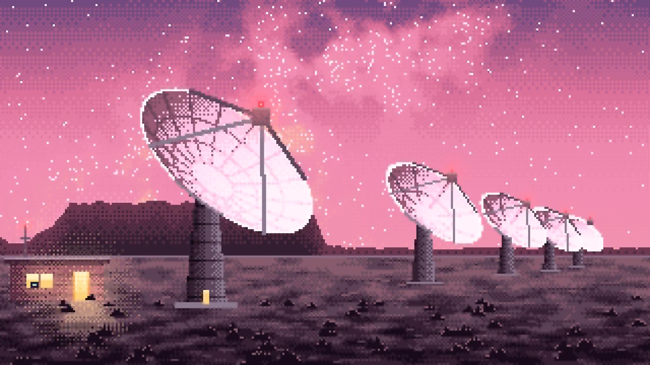 Pink Pixel Art Radio Telescopes Under the Milky Way desktop wallpaper in 4K