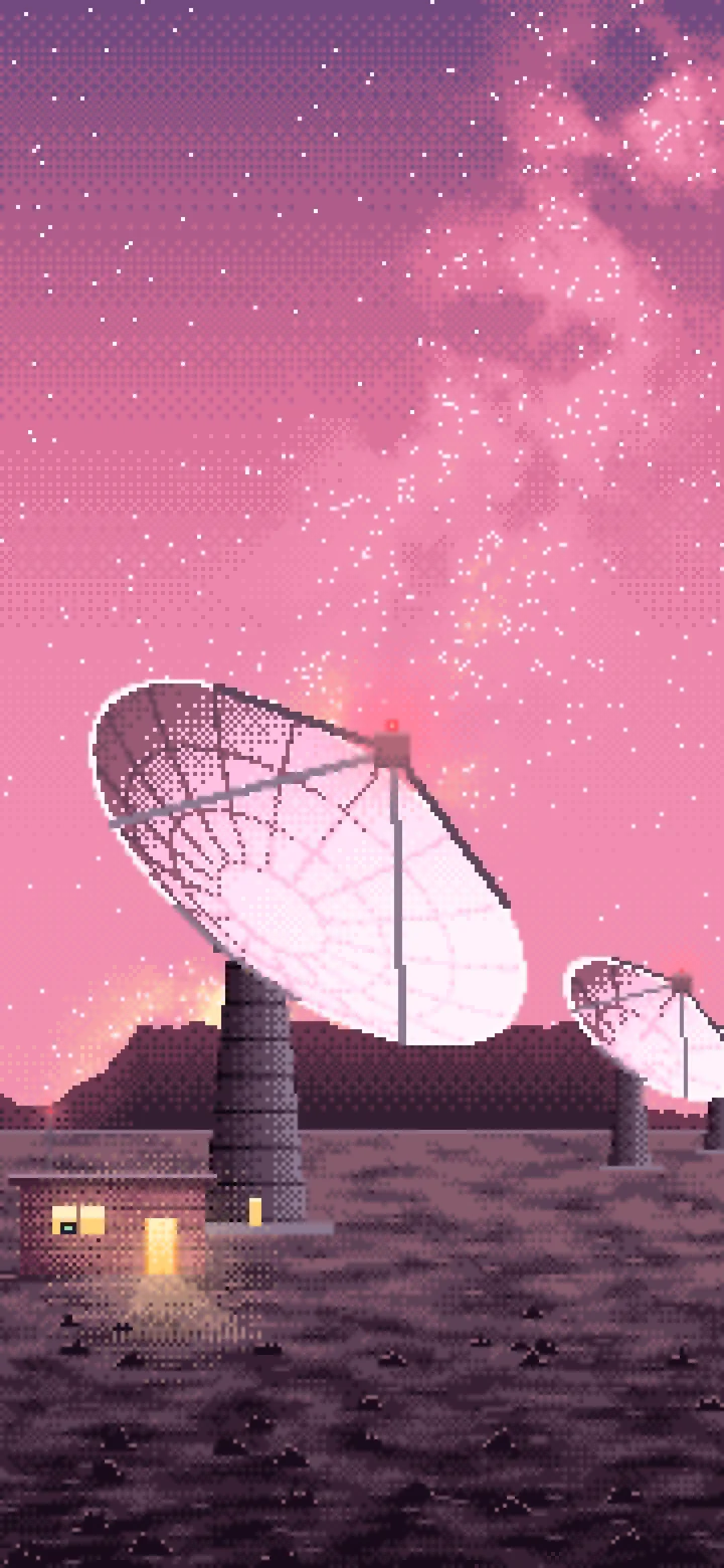 Pink Pixel Art Radio Telescopes Under the Milky Way wallpaper for iPhone and Android