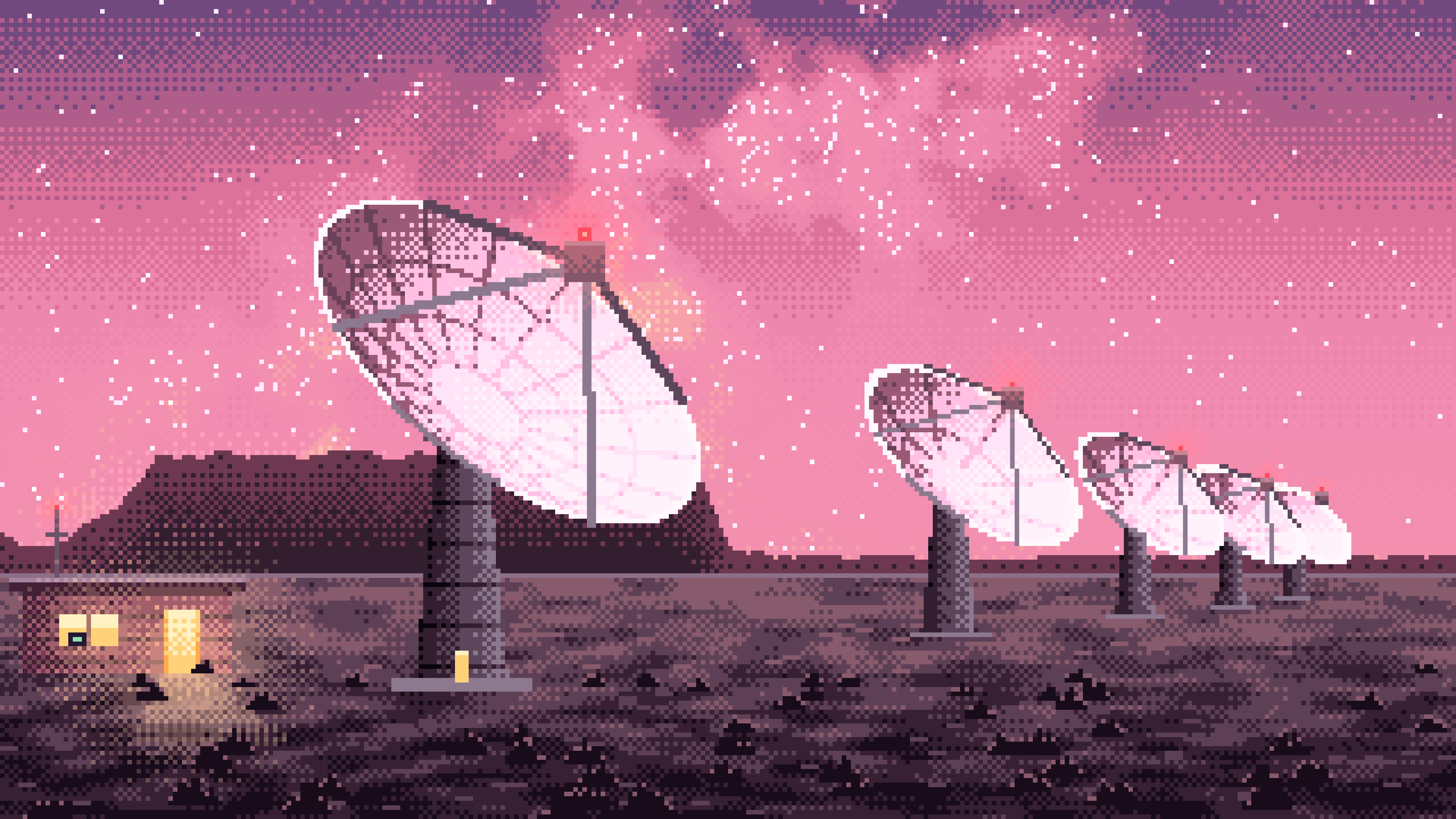 Pink Pixel Art Radio Telescopes Under the Milky Way desktop wallpaper in 4K