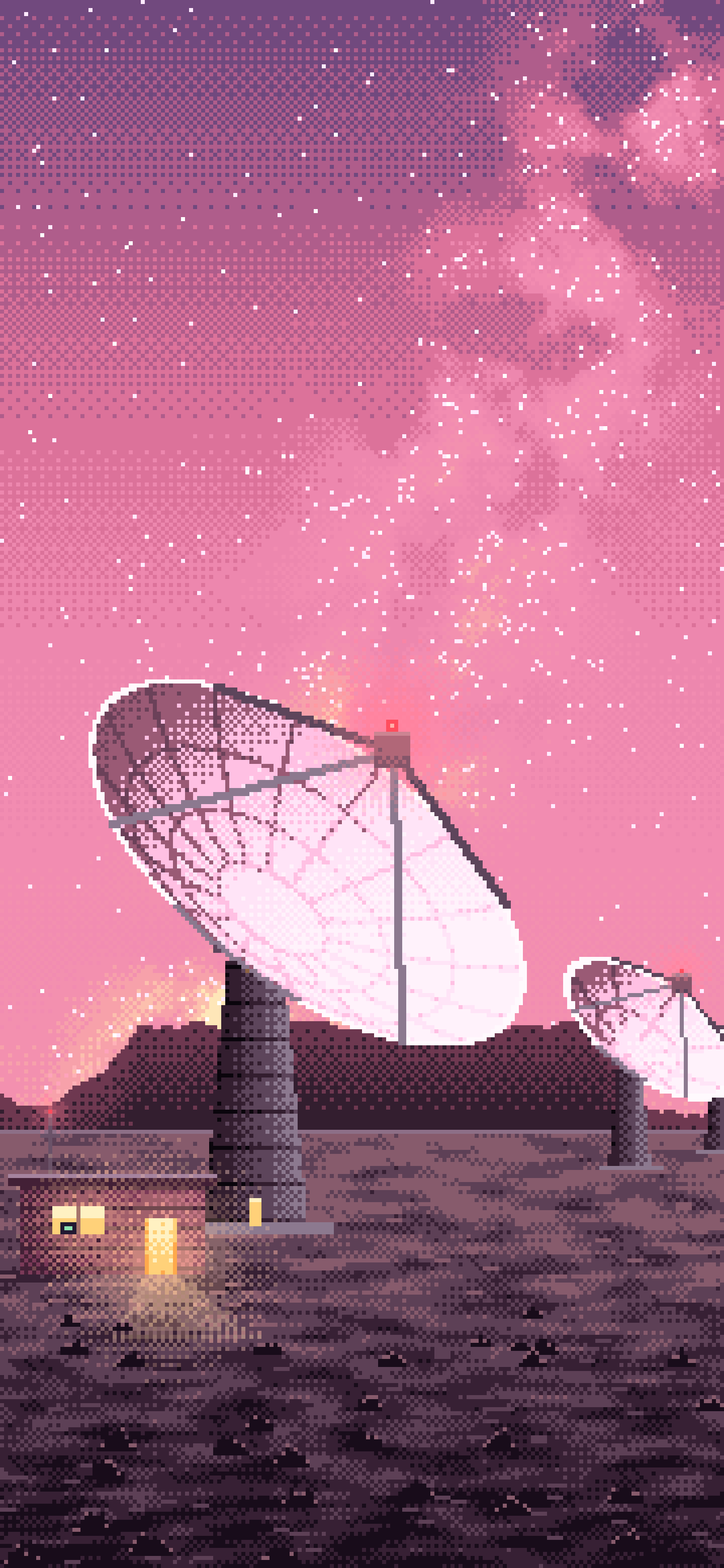 Pink Pixel Art Radio Telescopes Under the Milky Way wallpaper for iPhone and Android