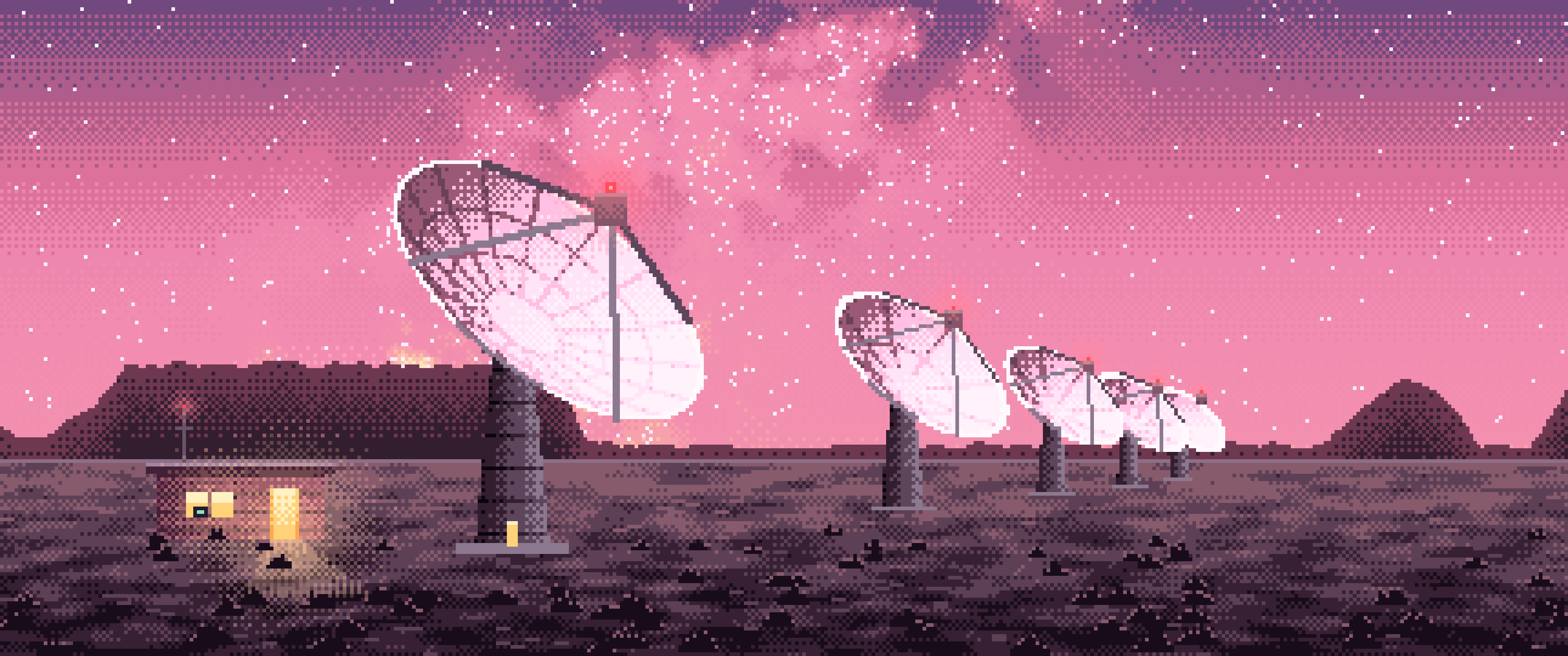 Pink Pixel Art Radio Telescopes Under the Milky Way ultrawide wallpaper, 3440 × 1440