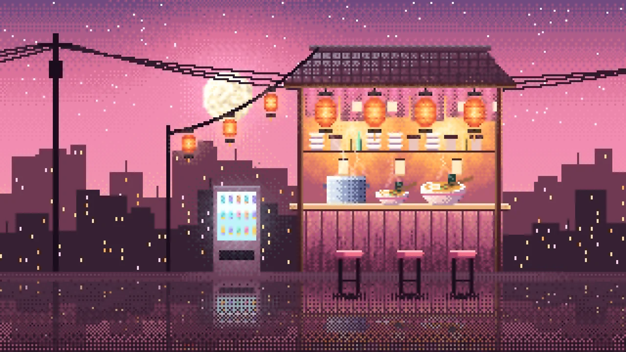 Pink Pixel Art Ramen Stall at Night desktop wallpaper in 4K