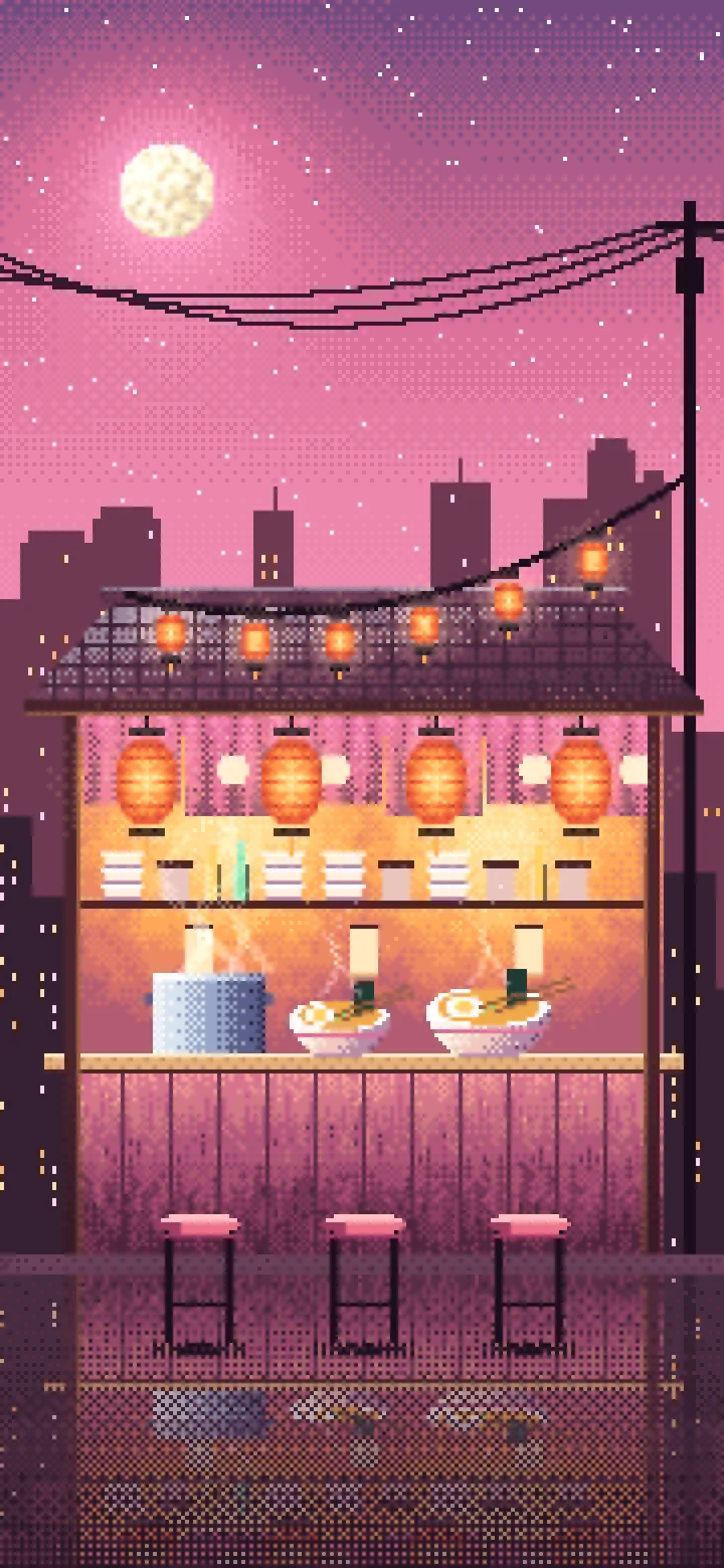 Pink Pixel Art Ramen Stall at Night wallpaper for iPhone and Android