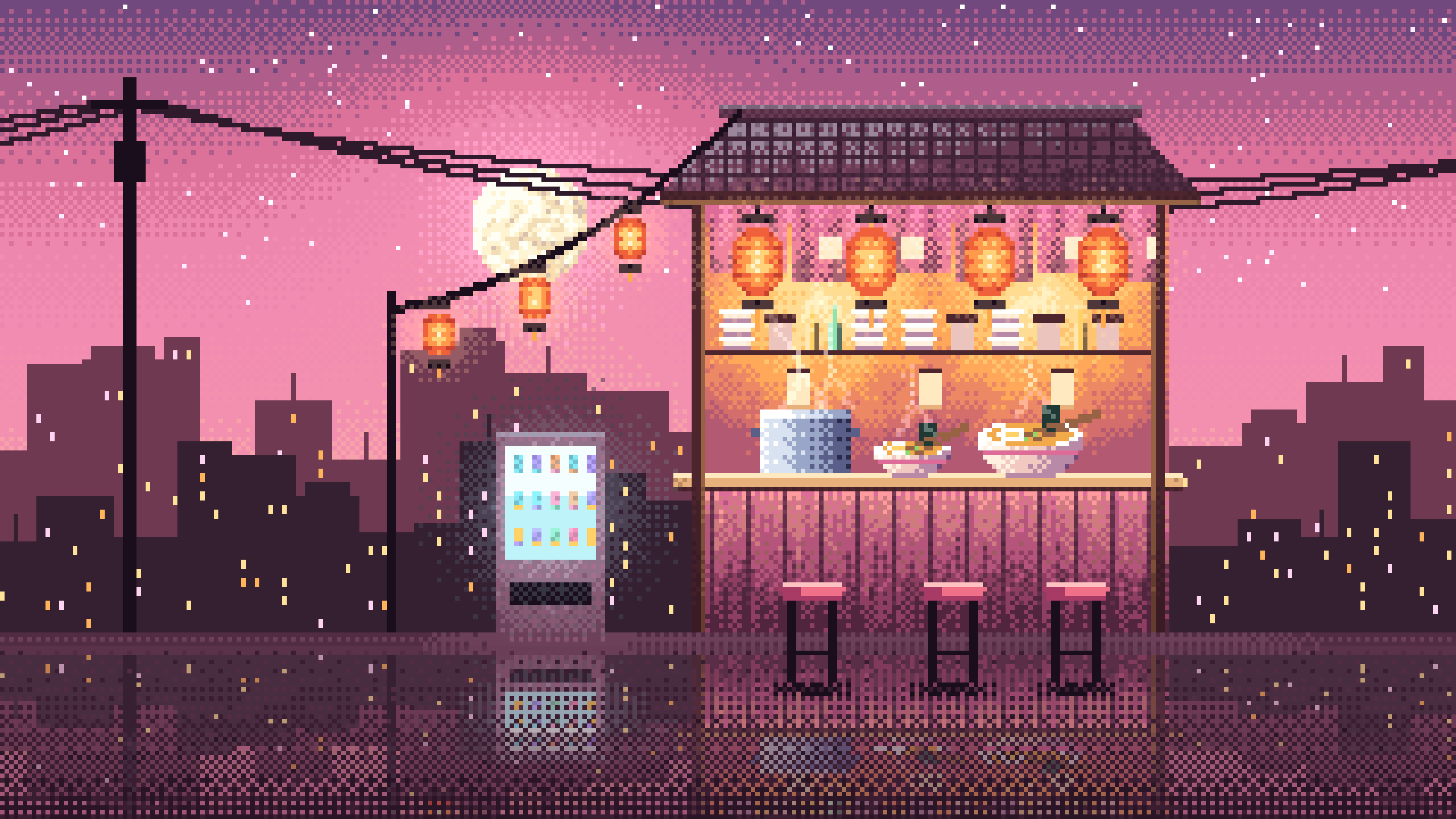 Pink Pixel Art Ramen Stall at Night desktop wallpaper in 4K