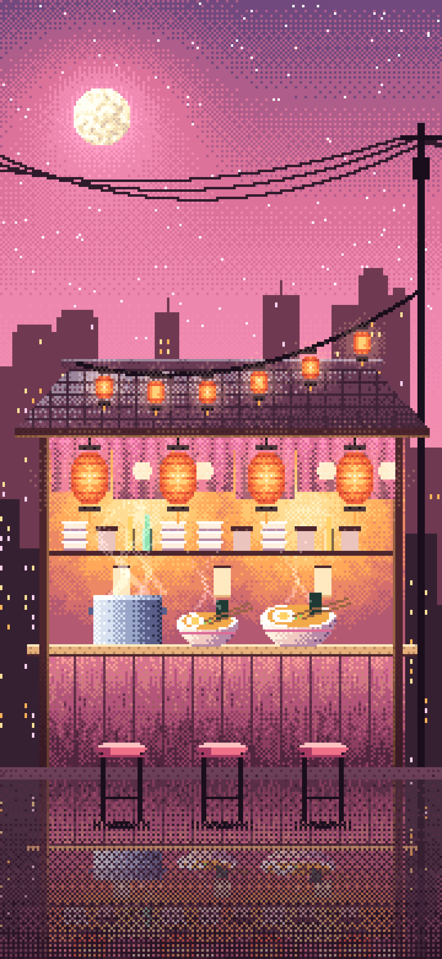 Pink Pixel Art Ramen Stall at Night wallpaper for iPhone and Android