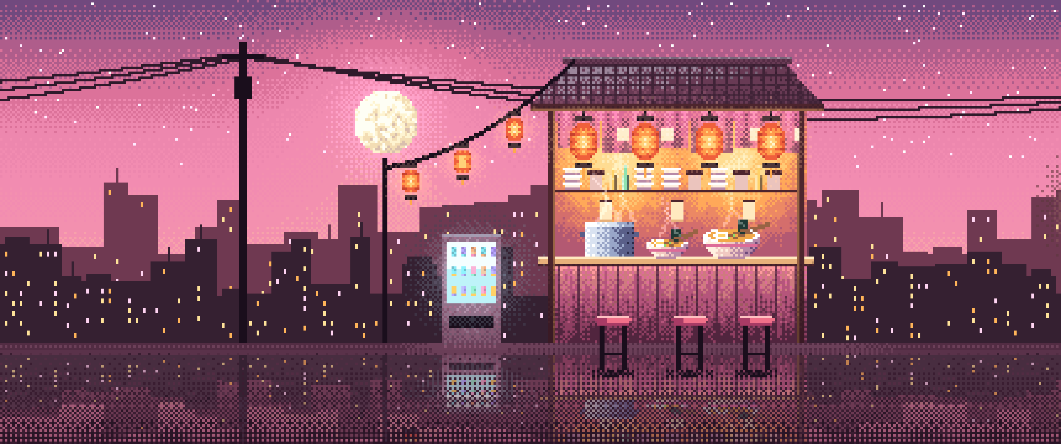 Pink Pixel Art Ramen Stall at Night ultrawide wallpaper, 3440 × 1440
