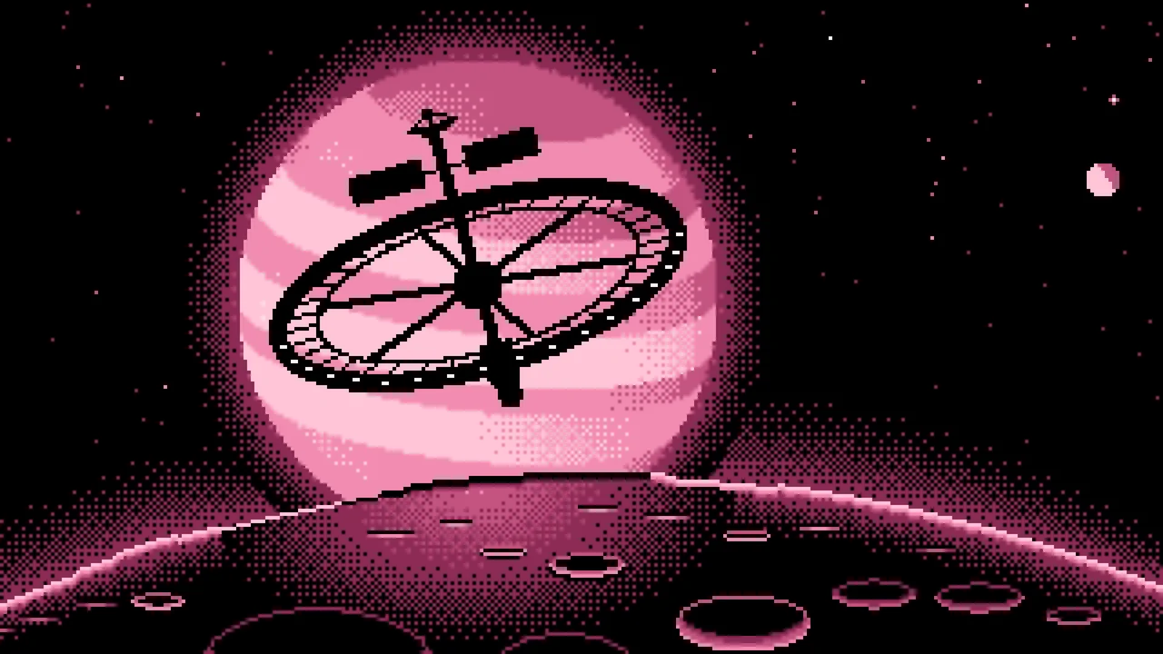 Pink Pixel Art Ring Space Station and Planet desktop wallpaper in 4K