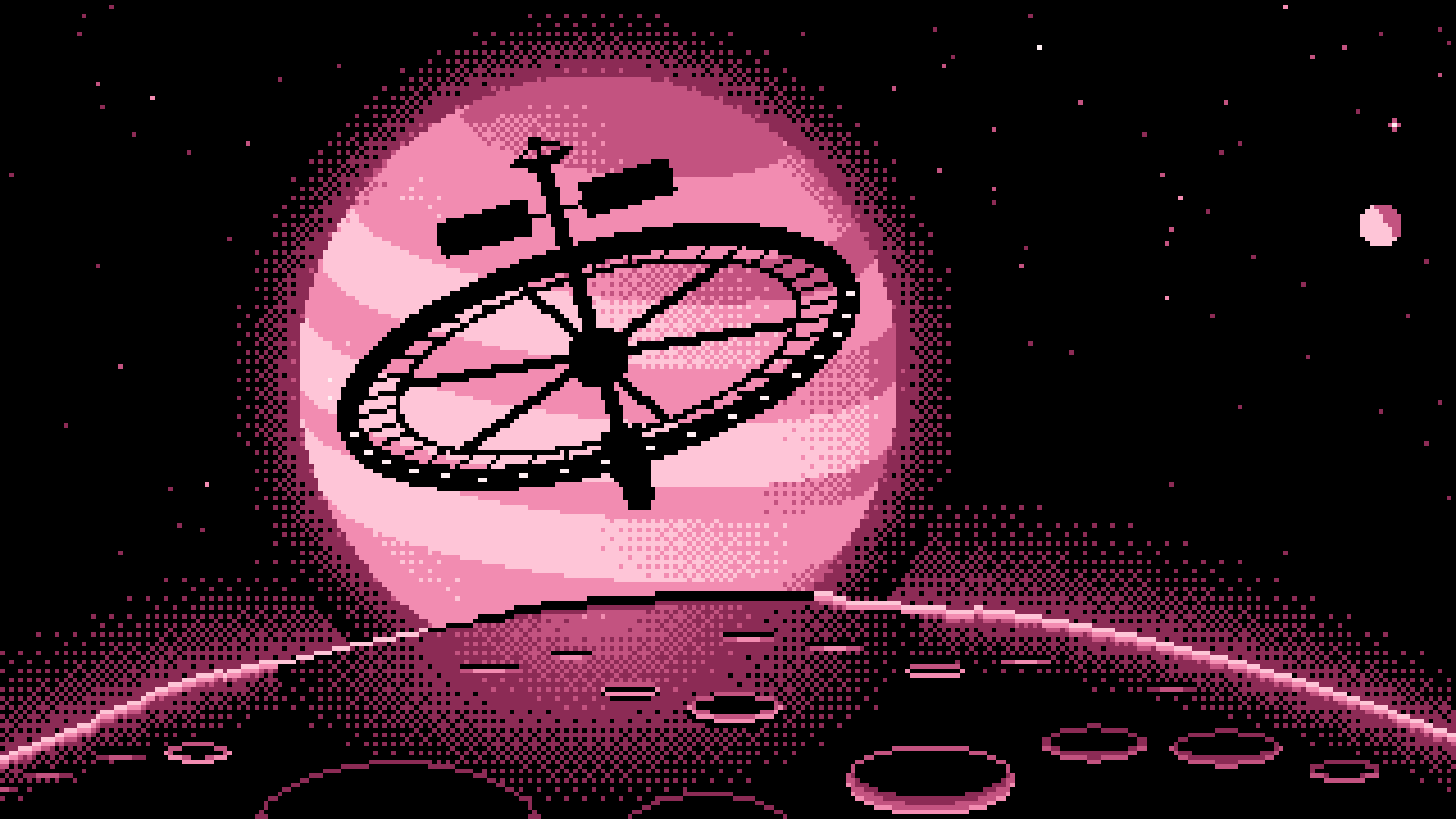 Pink Pixel Art Ring Space Station and Planet desktop wallpaper in 4K