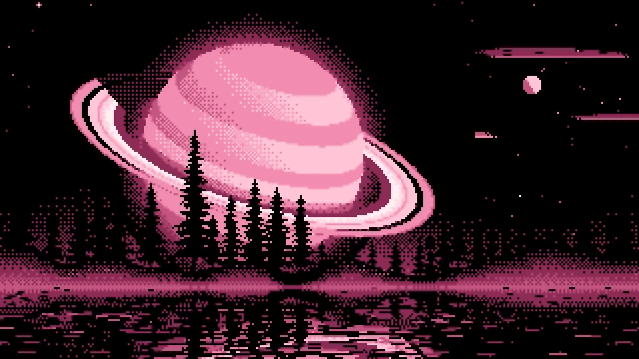 Pink Pixel Art Ringed Planet and Pine Trees desktop wallpaper in 4K