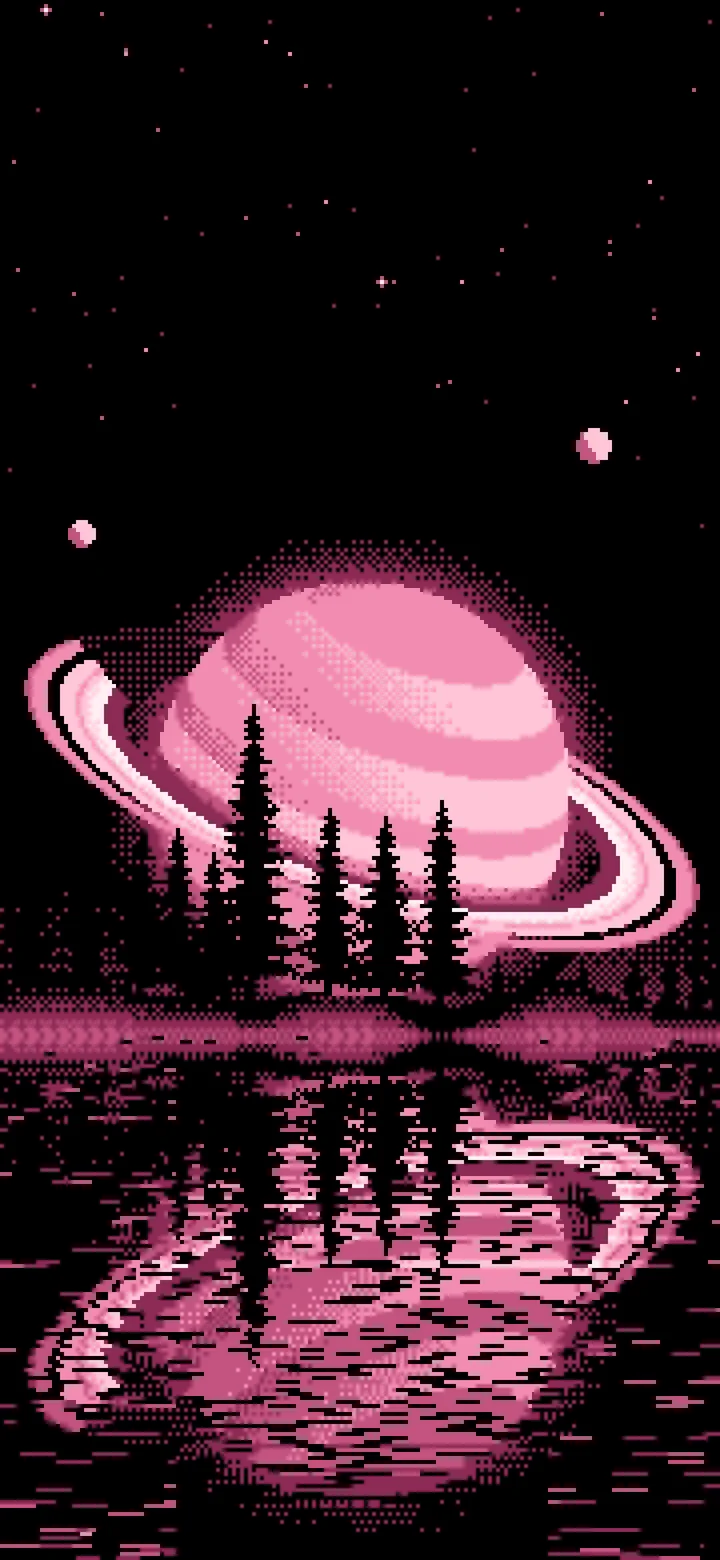 Pink Pixel Art Ringed Planet and Pine Trees wallpaper for iPhone and Android