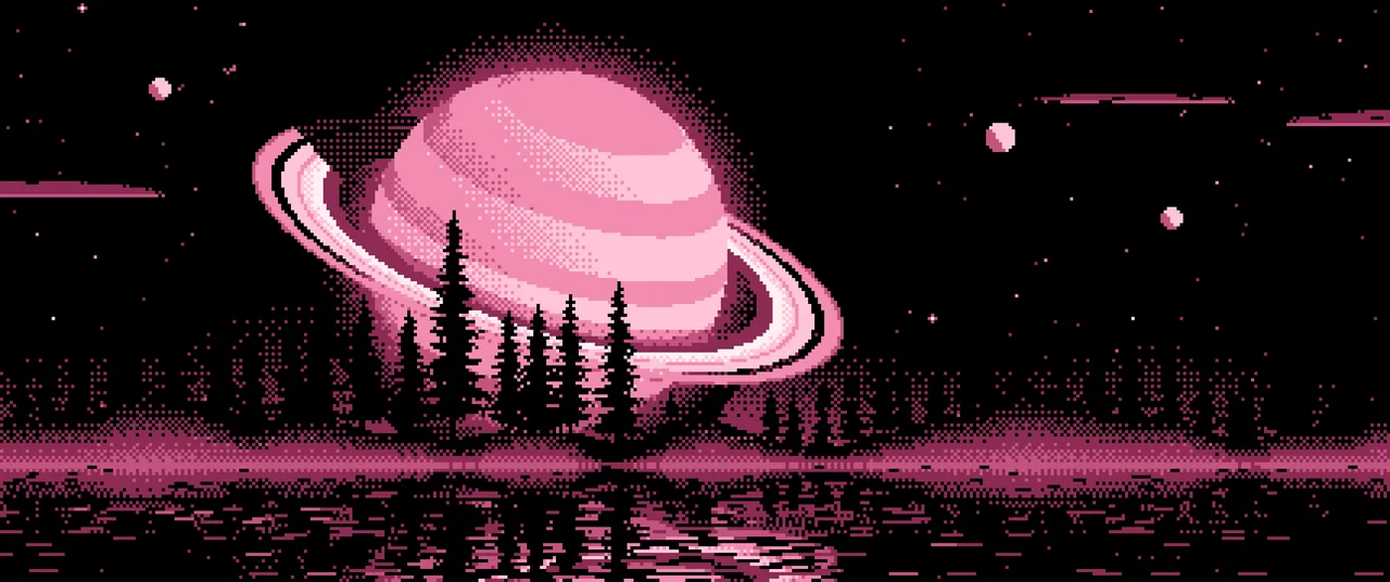 Pink Pixel Art Ringed Planet and Pine Trees ultrawide wallpaper, 3440 × 1440