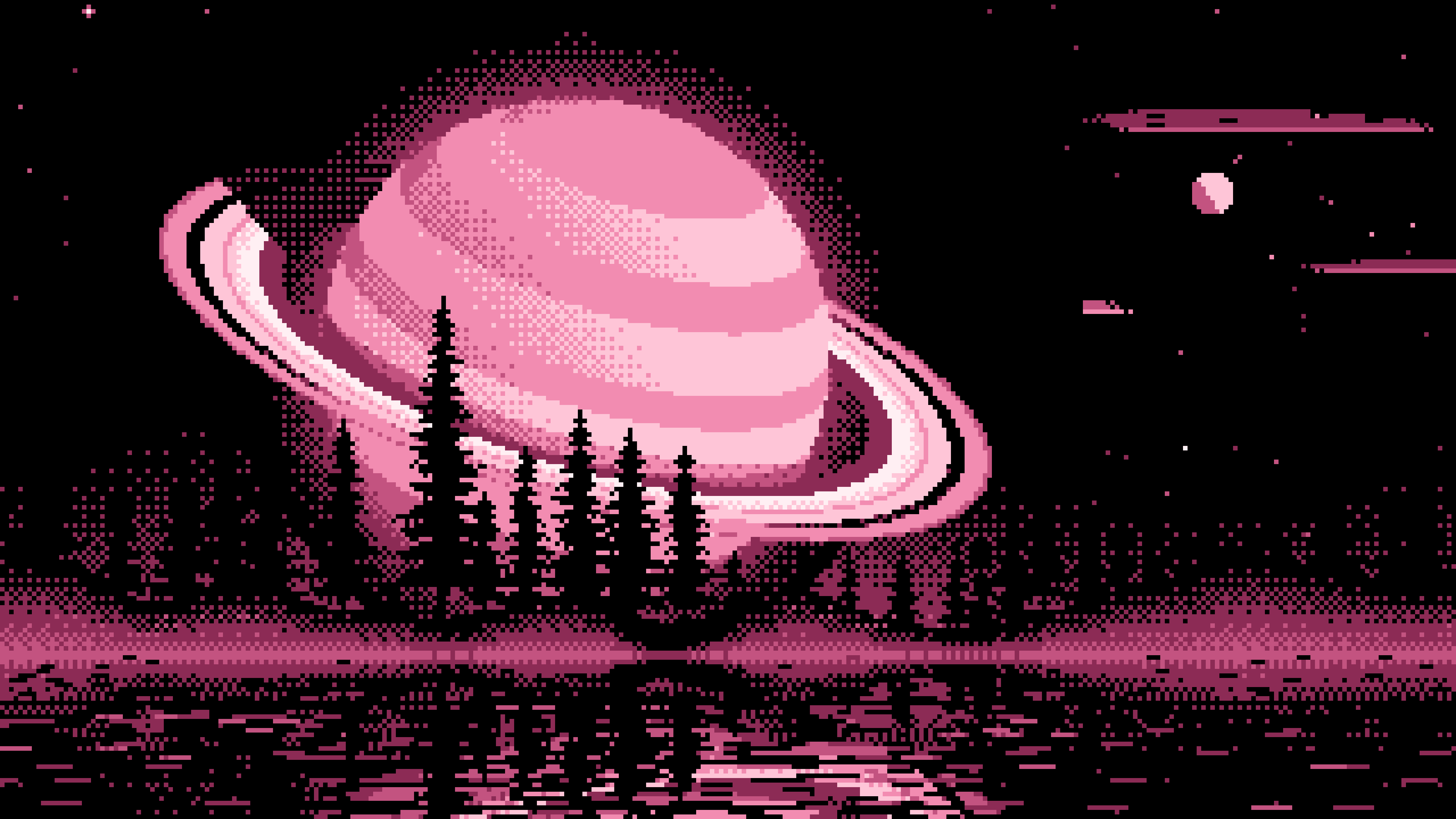 Pink Pixel Art Ringed Planet and Pine Trees desktop wallpaper in 4K