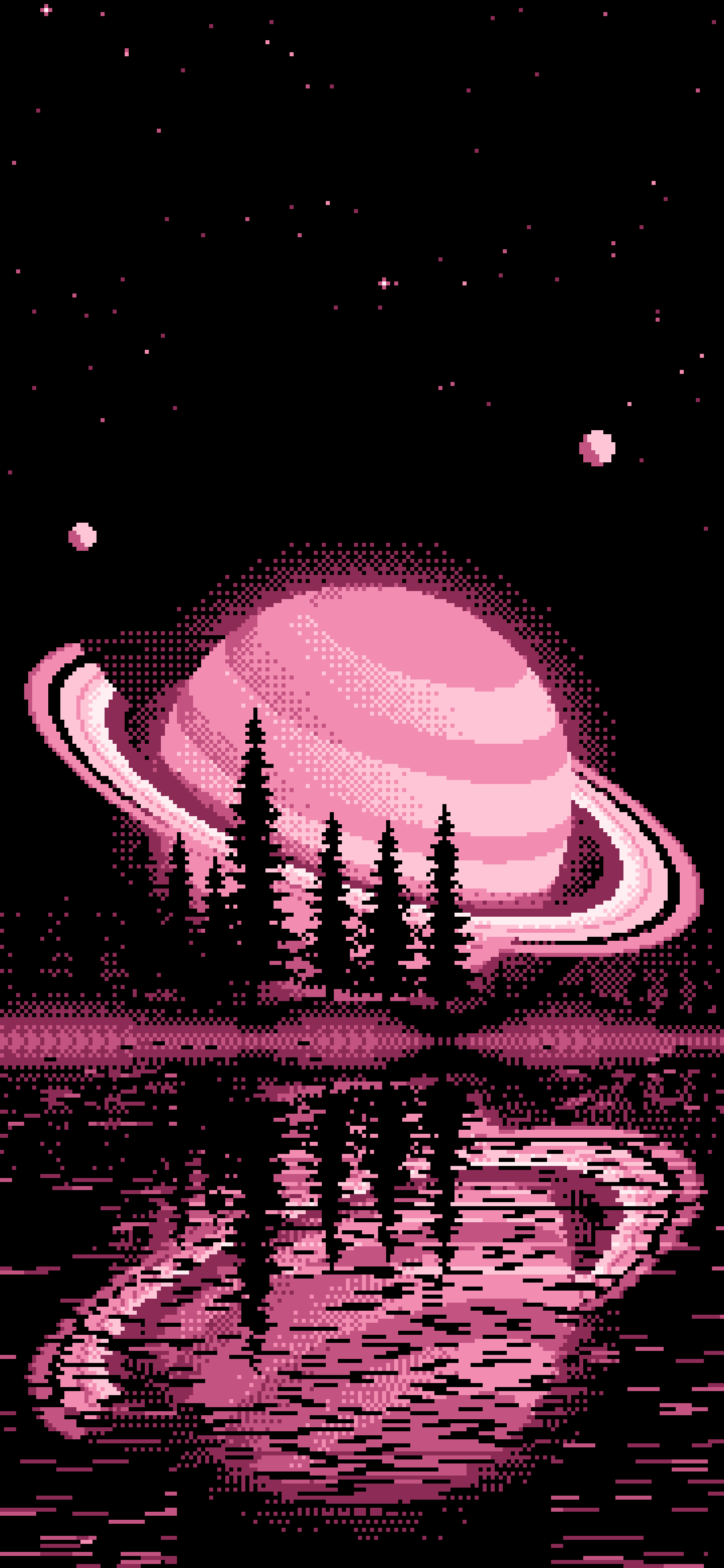 Pink Pixel Art Ringed Planet and Pine Trees wallpaper for iPhone and Android